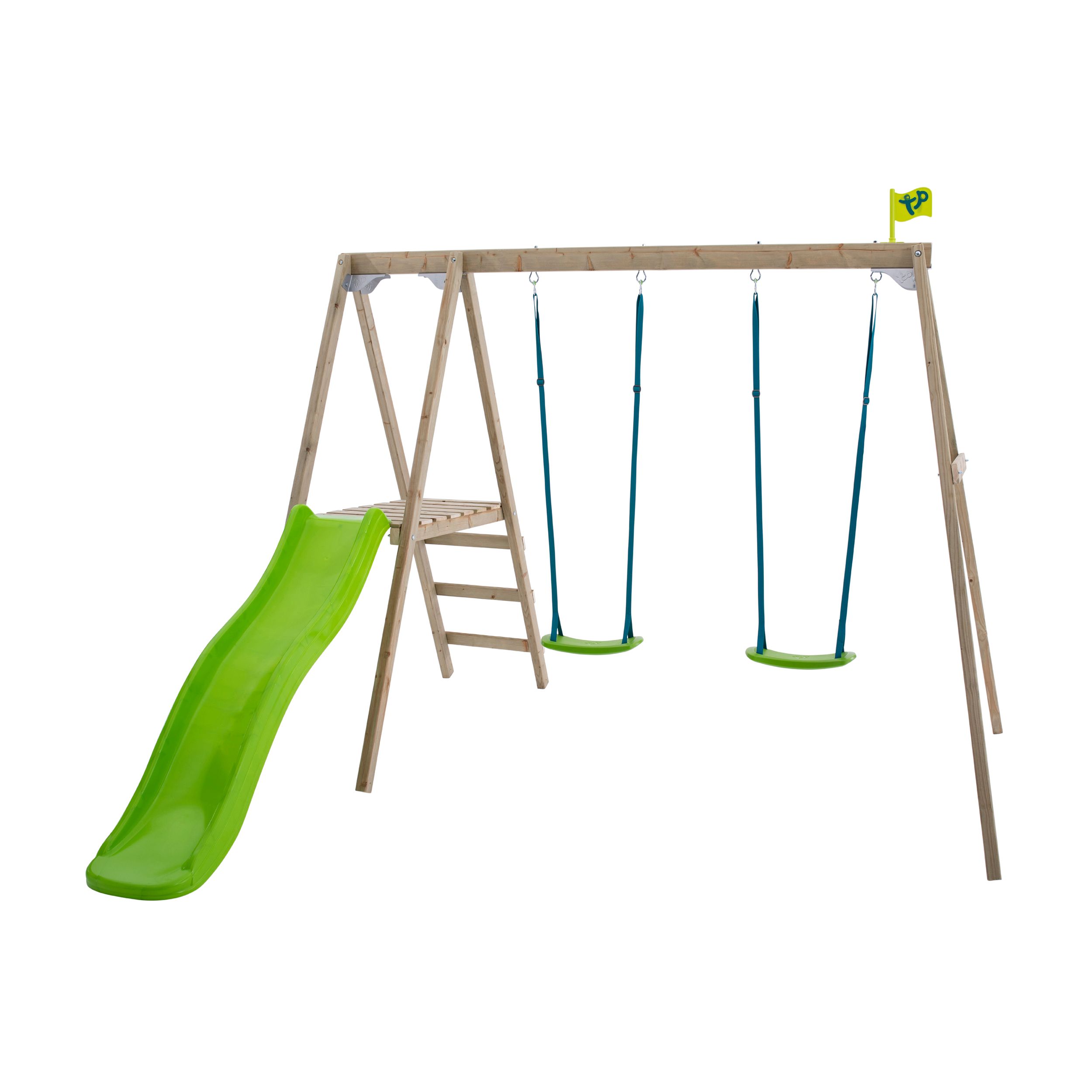 TP Toys Multi double Green & Wood Swing & slide (L) 2760mm x (W) 2810mm