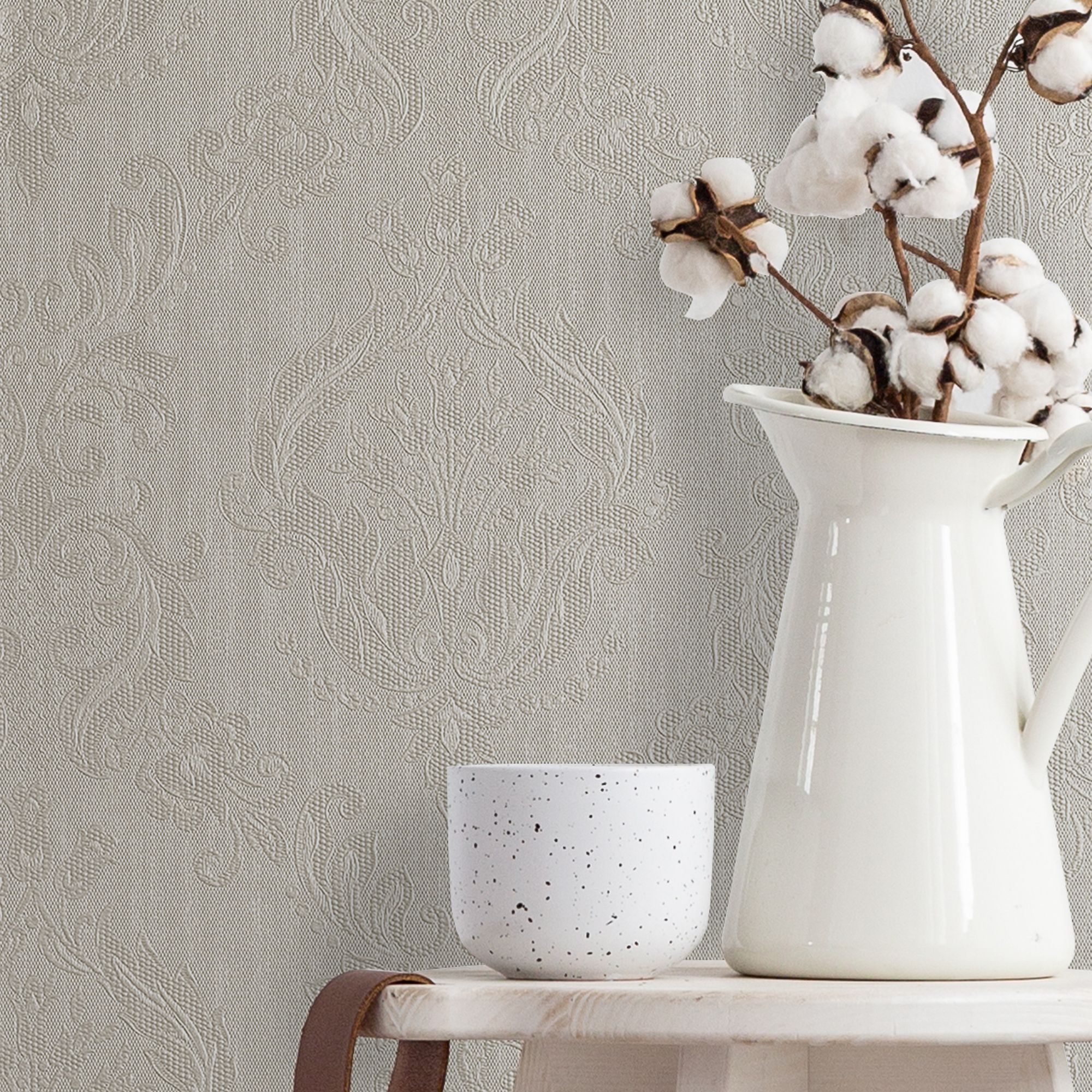 Tregenna Cream Damask Textured Wallpaper