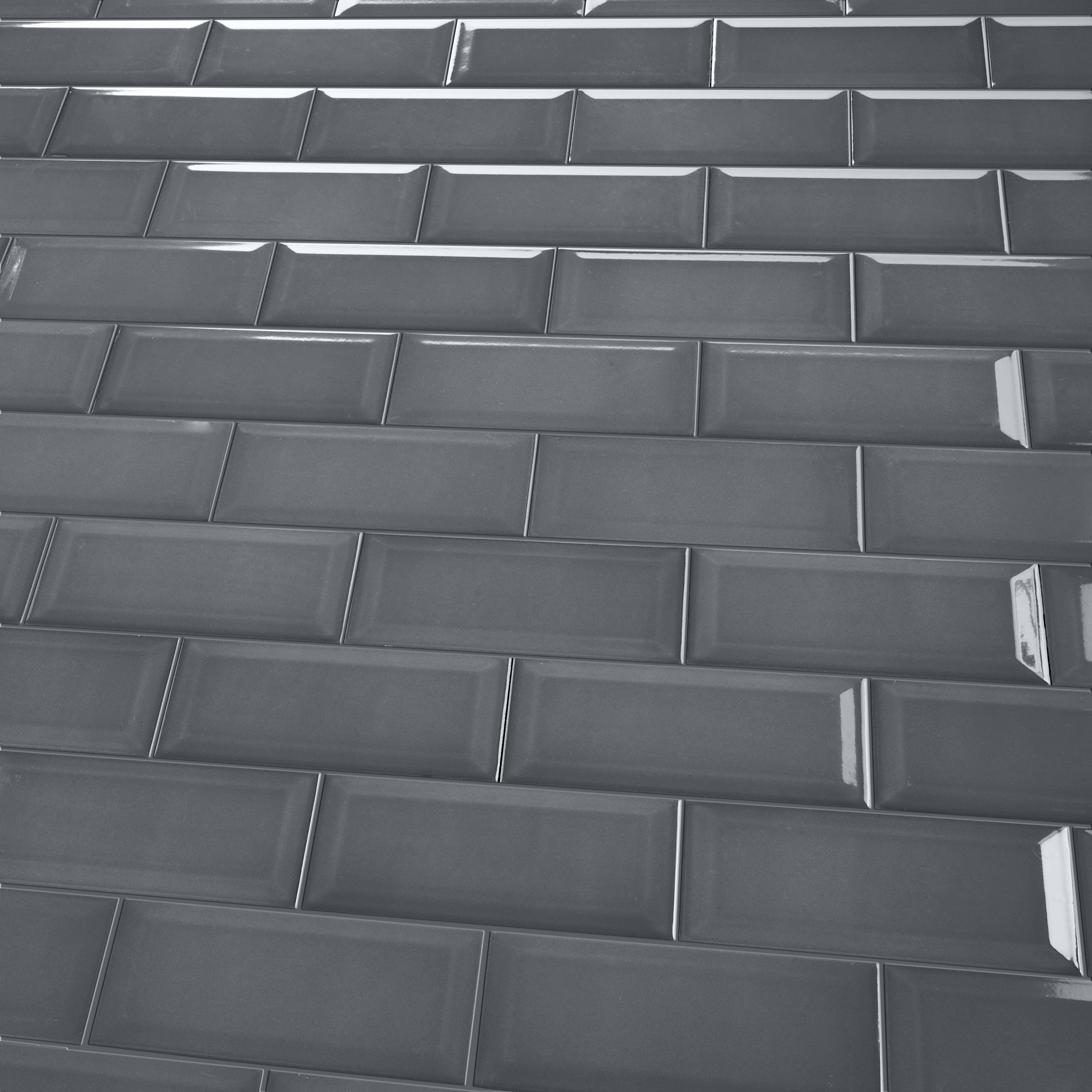 Trentie Anthracite Gloss Metro Ceramic Wall Tile, Pack of 40, (L)200mm (W)100mm