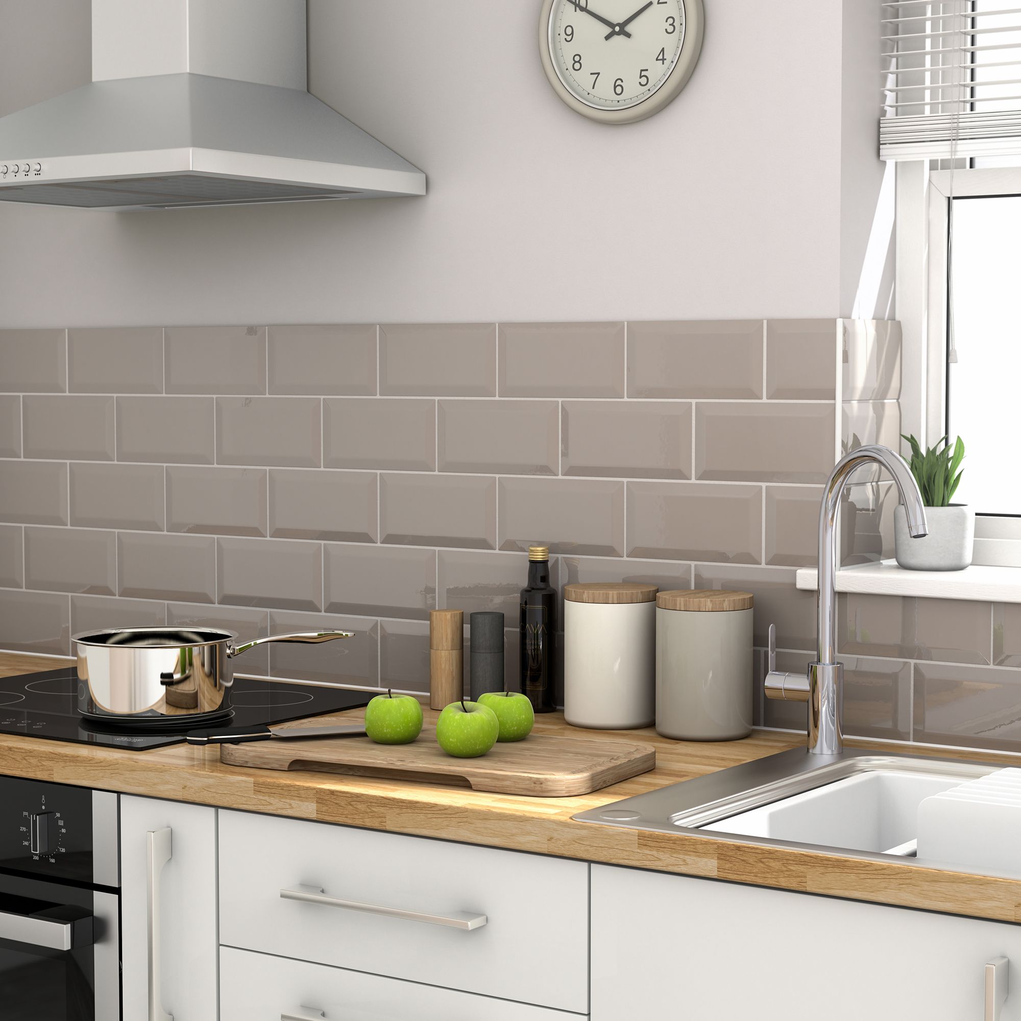Trentie Taupe Gloss Metro Ceramic Wall Tile, Pack of 40, (L)200mm (W)100mm