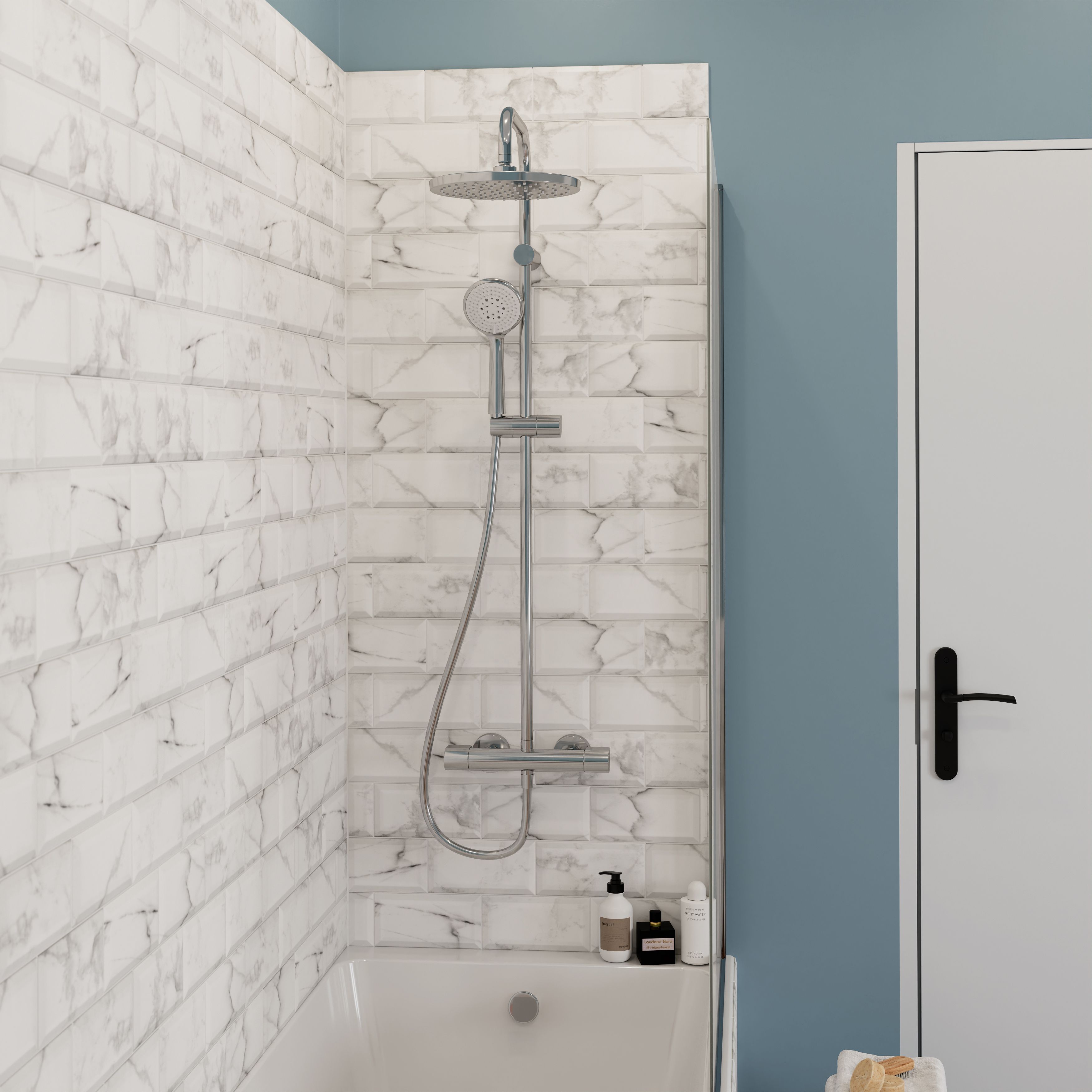 Trentie White Gloss Marble effect Ceramic Indoor Wall Tile, Pack of 48, (L)200mm (W)100mm