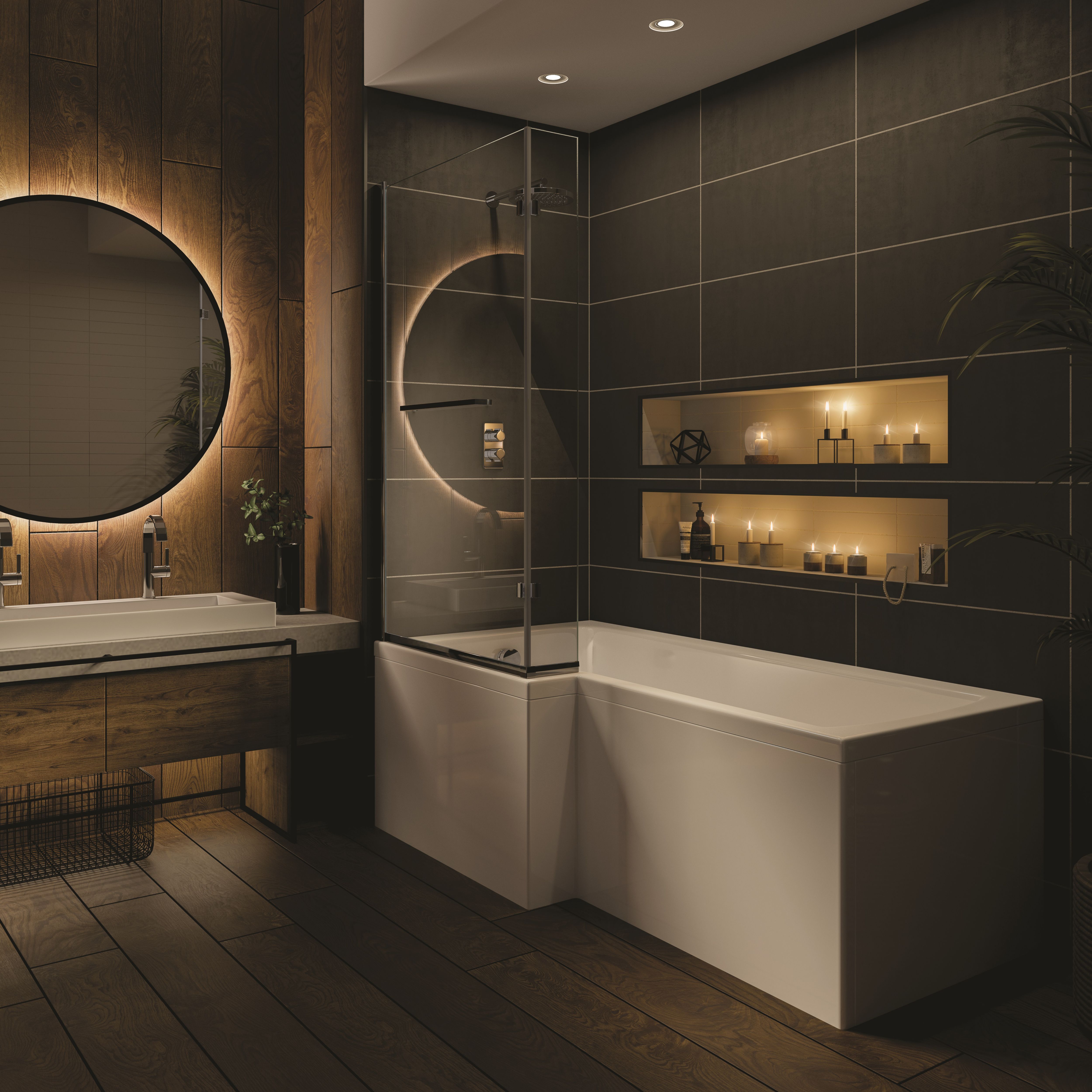 Trojan Baths Left-handed Non-reversible Acrylic L-shaped 6 Left-hand Bath, panel, screen & air spa set, (L)1700mm (W)850mm