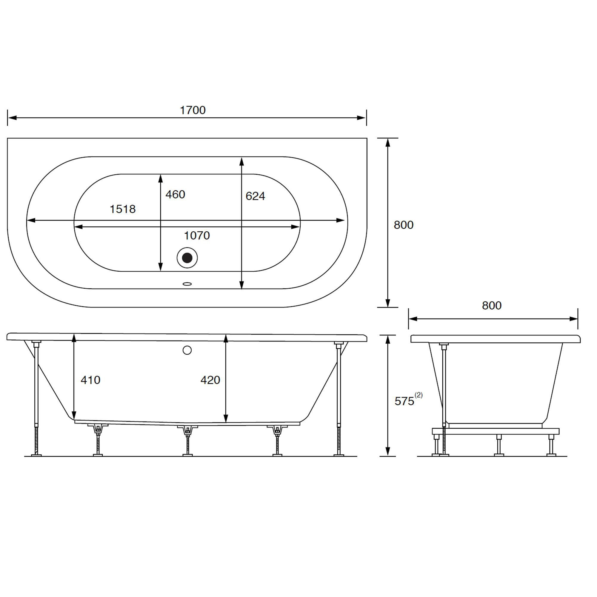 Trojan Baths LH & RH Reversible Acrylic Curved 12 Twin ended Bath, panel & air spa set, (L)1700mm (W)800mm