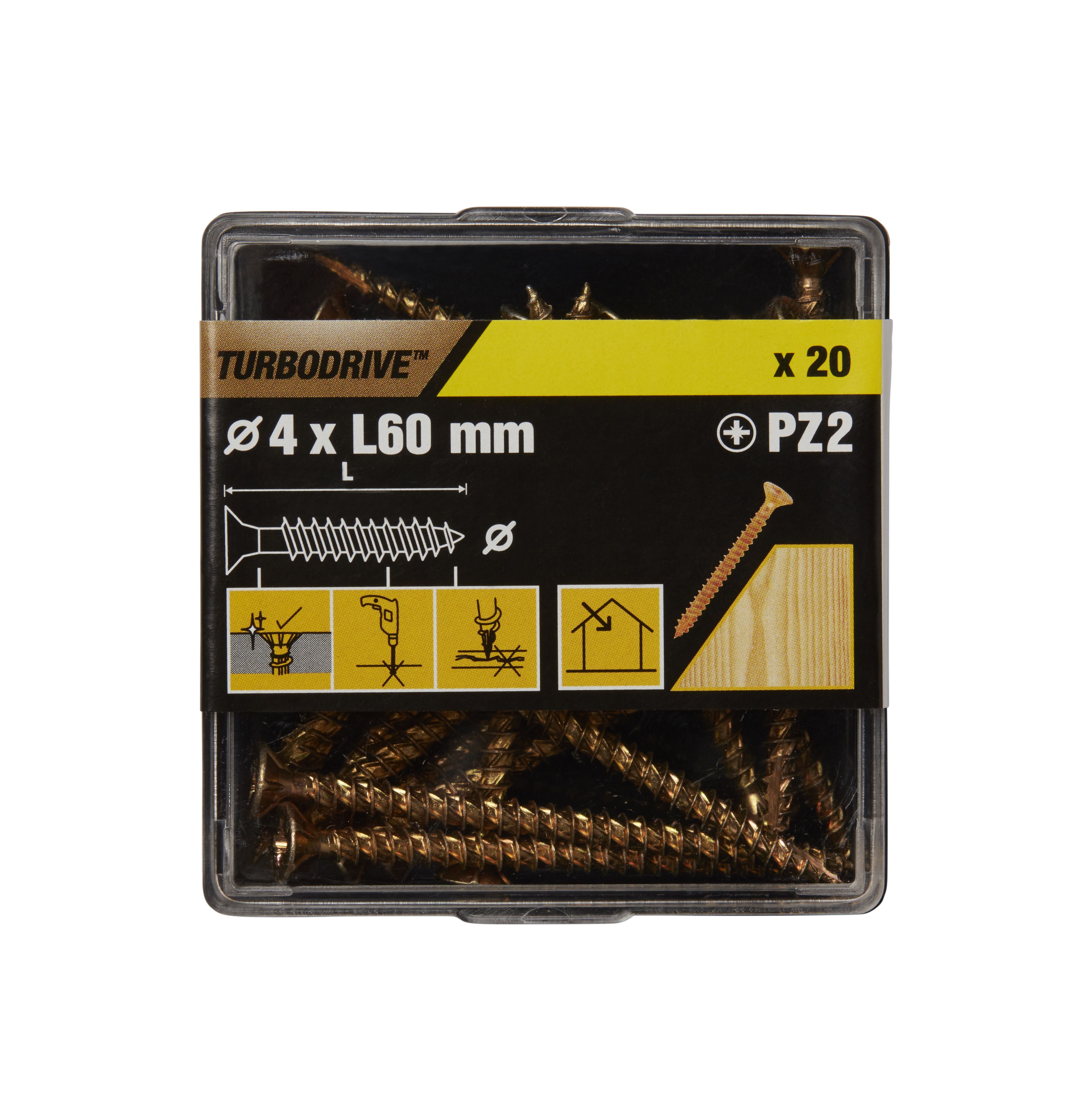 TurboDrive Pozidriv Double self-countersunk Yellow-passivated Steel Wood screw (Dia)4mm (L)60mm, Pack of 20