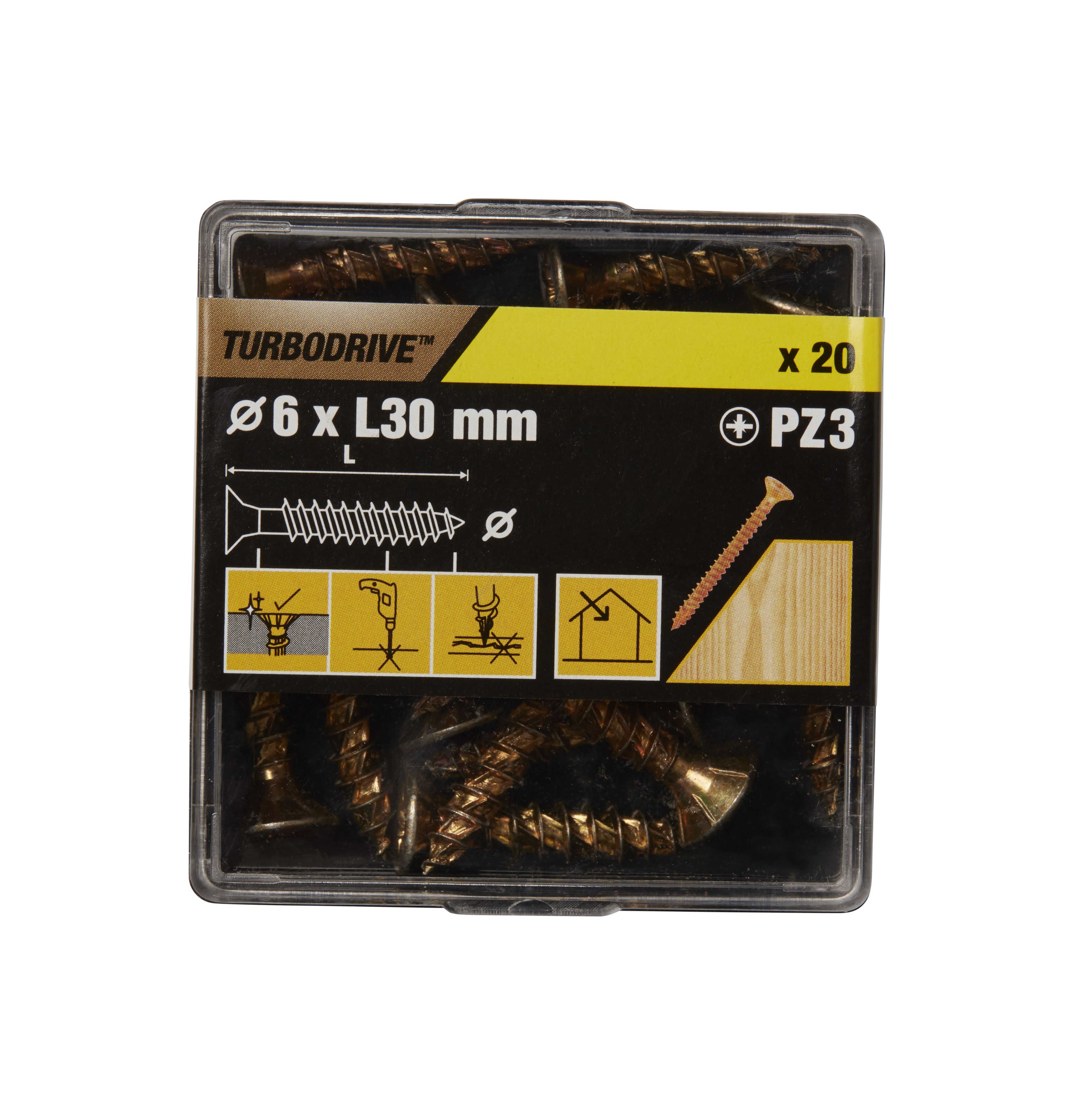 TurboDrive Pozidriv Double self-countersunk Yellow-passivated Steel Wood screw (Dia)6mm (L)30mm, Pack of 20