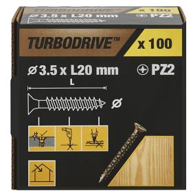 TurboDrive Pozidriv Yellow-passivated Steel Screw (Dia)3.5mm (L)20mm, Pack of 100