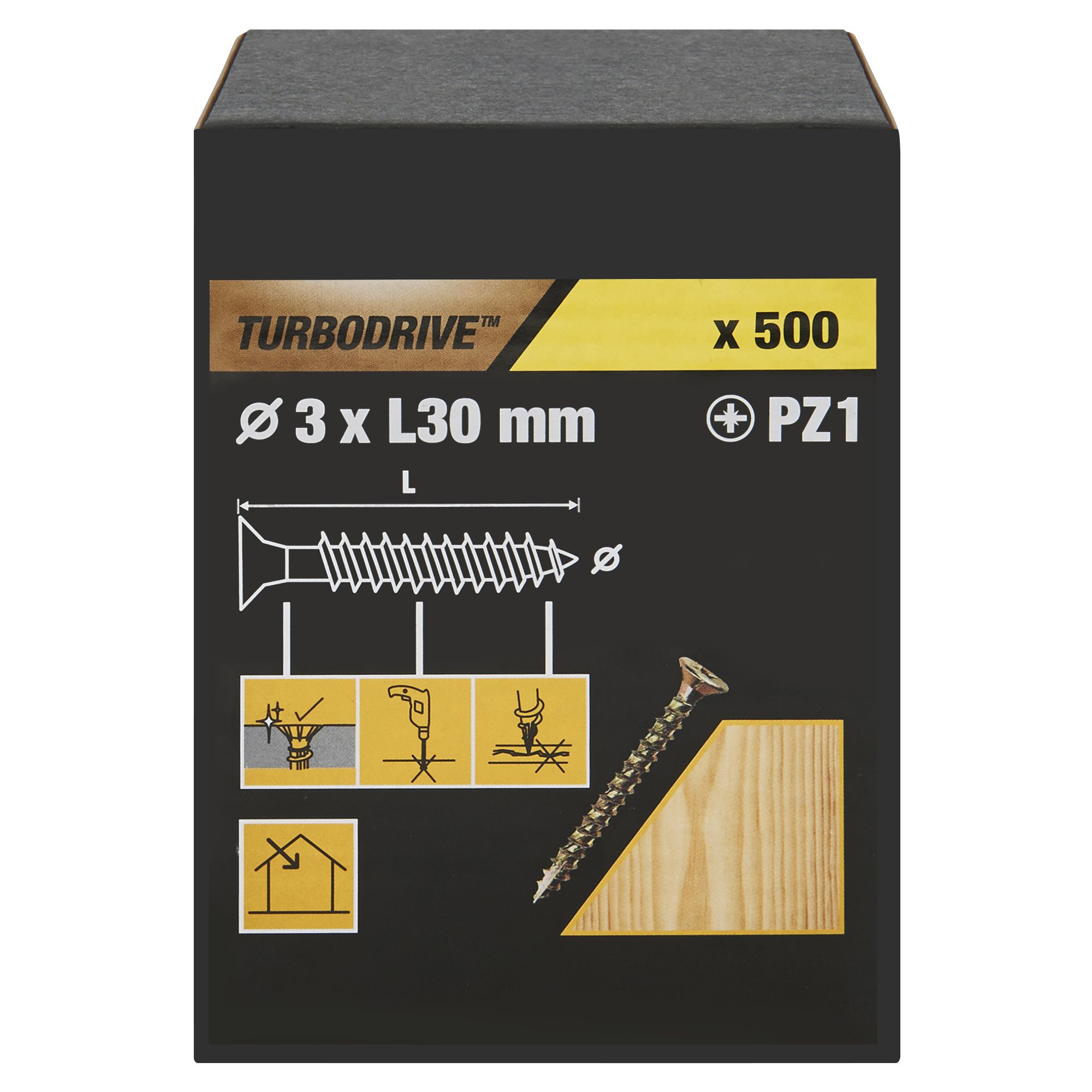 TurboDrive Pozidriv Yellow-passivated Steel Screw (Dia)3mm (L)30mm, Pack of 500