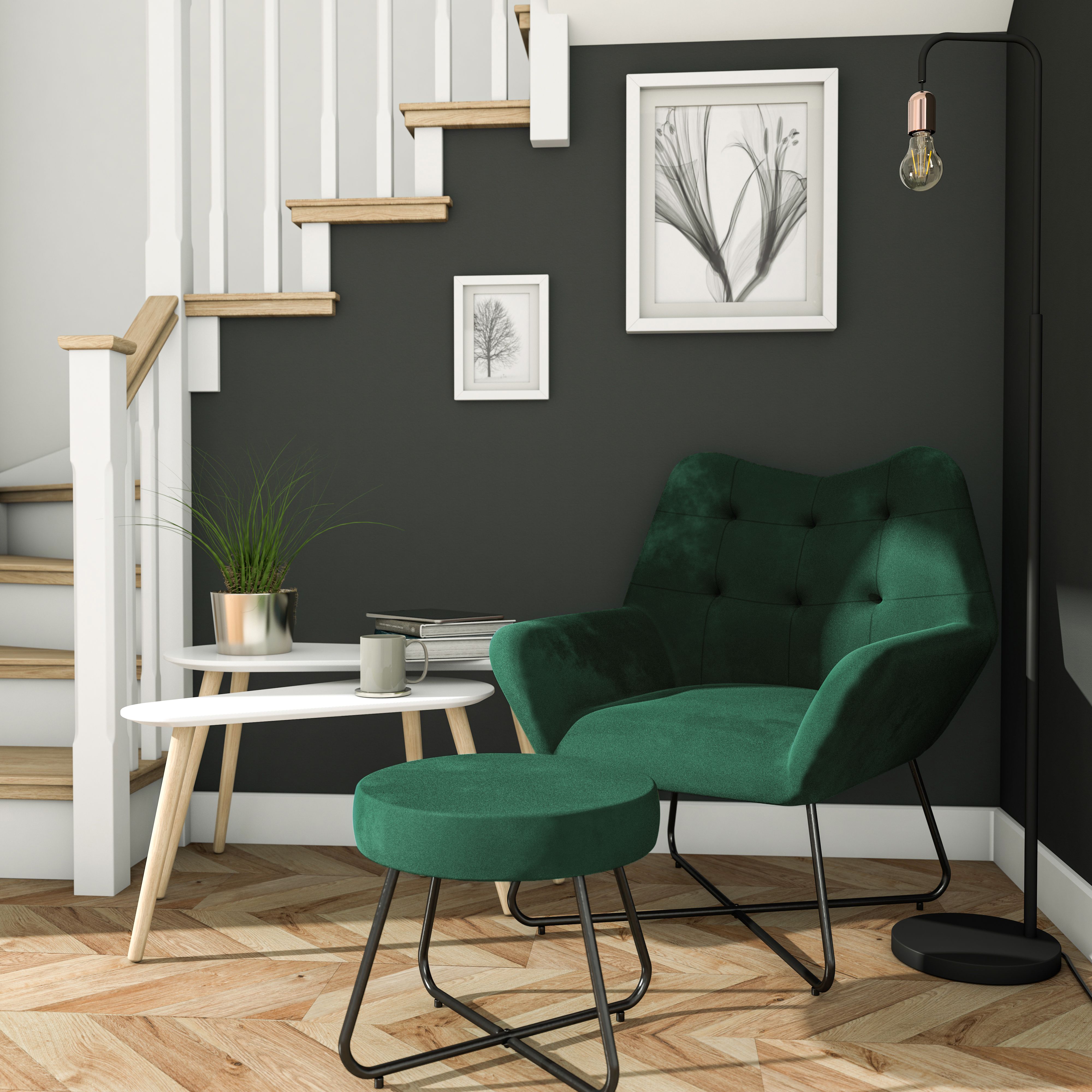 Turio Forest green Velvet effect Padded Stool