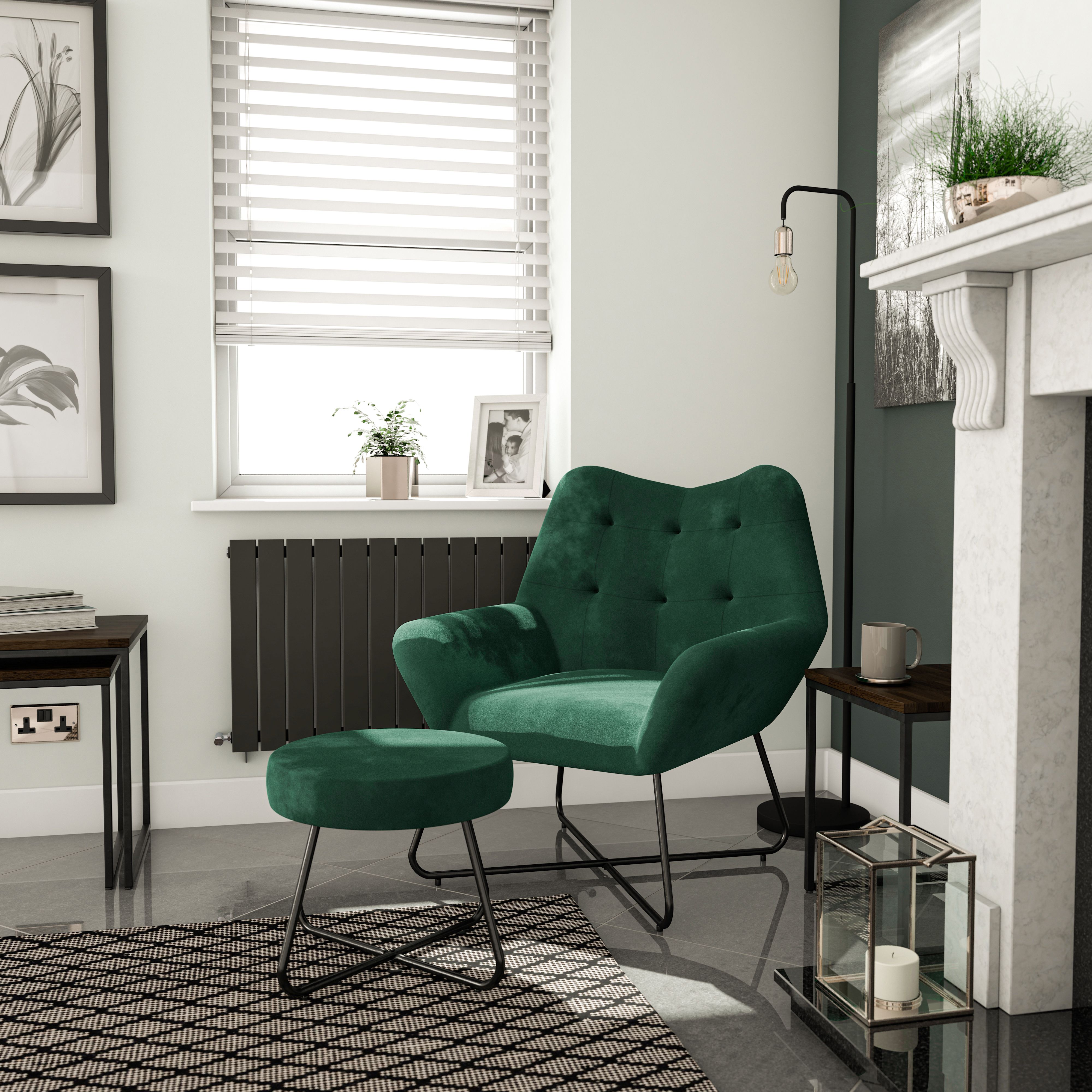 Turio Forest green Velvet effect Padded Stool