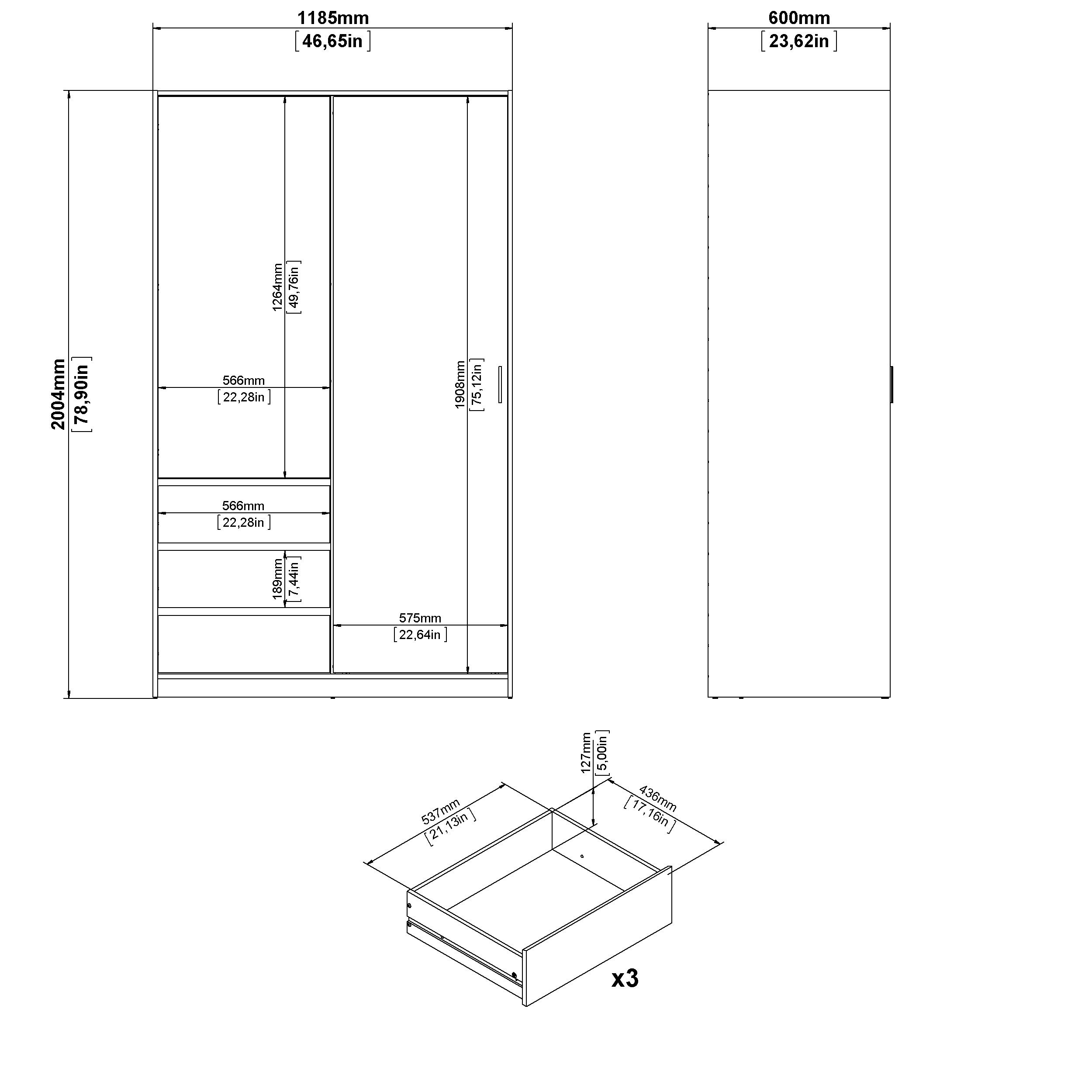 Tvilum Esla Scandinavian Matt jackson hickory oak effect 3 Drawer Double Sliding door wardrobe (H)2004mm (W)1185mm (D)600mm
