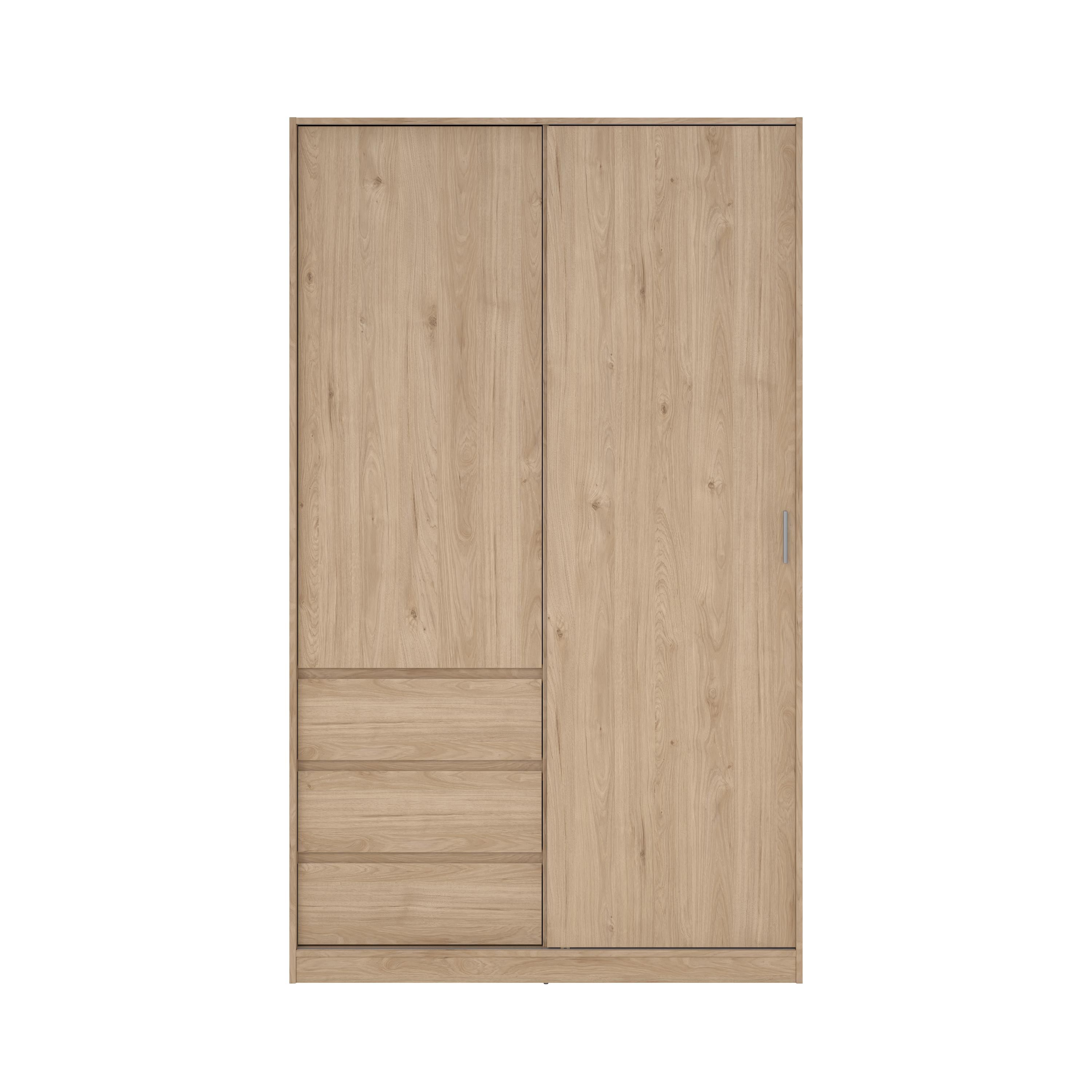 Tvilum Esla Scandinavian Matt jackson hickory oak effect 3 Drawer Double Sliding door wardrobe (H)2004mm (W)1185mm (D)600mm