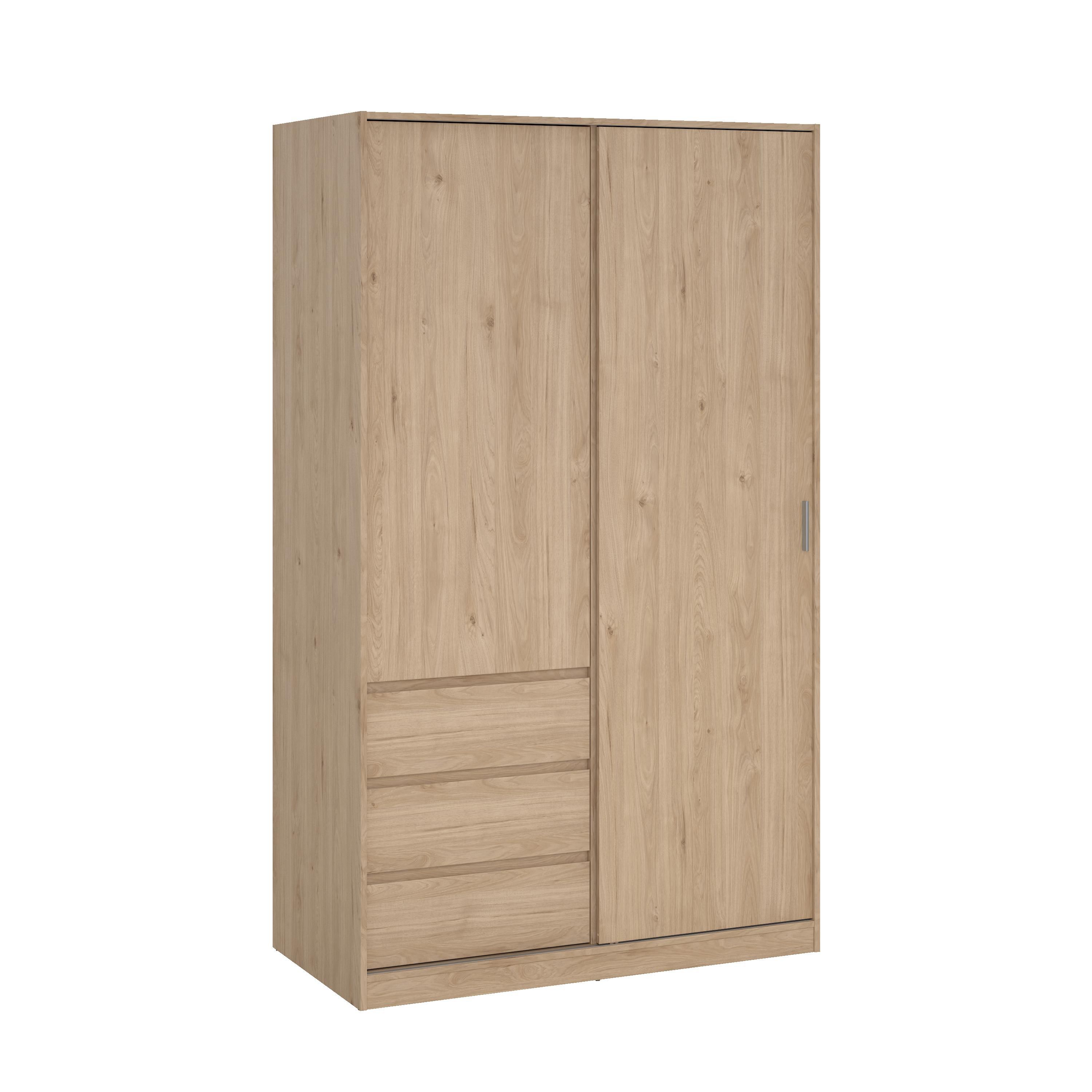 Tvilum Esla Scandinavian Matt jackson hickory oak effect 3 Drawer Double Sliding door wardrobe (H)2004mm (W)1185mm (D)600mm
