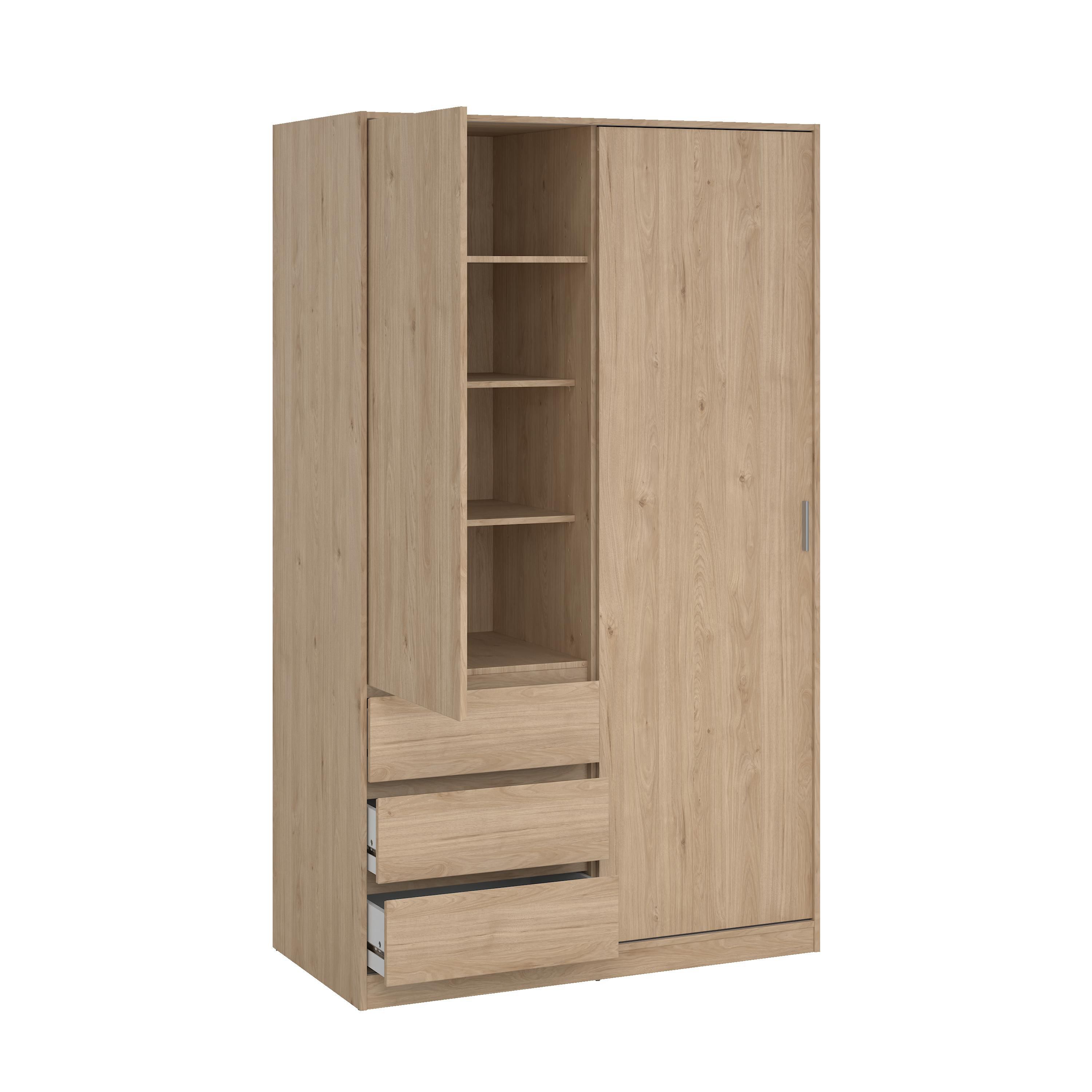 Tvilum Esla Scandinavian Matt jackson hickory oak effect 3 Drawer Double Sliding door wardrobe (H)2004mm (W)1185mm (D)600mm