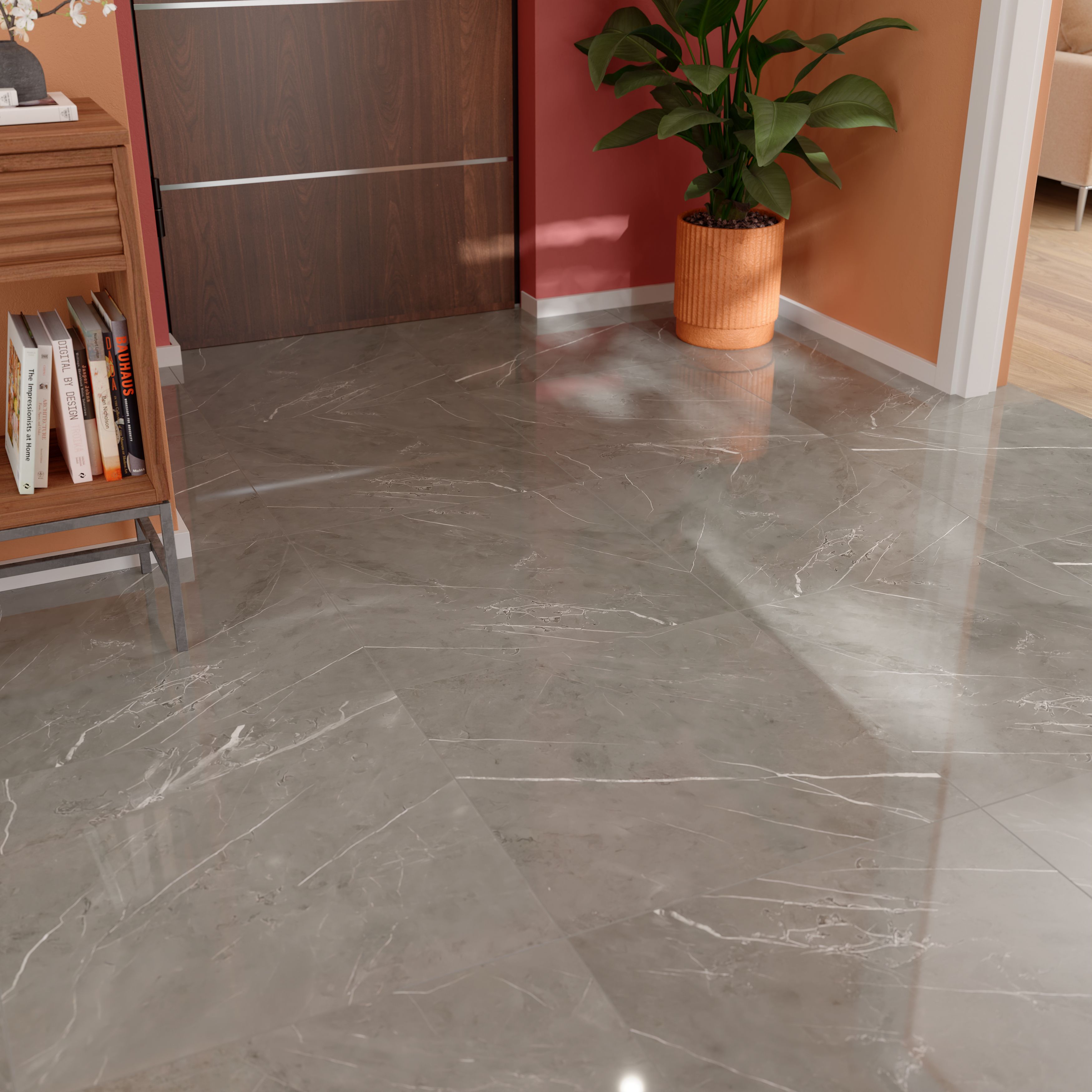 Ultimate marble Grey Gloss Marble effect Porcelain Wall & floor Tile, Pack of 3, (L)595mm (W)595mm