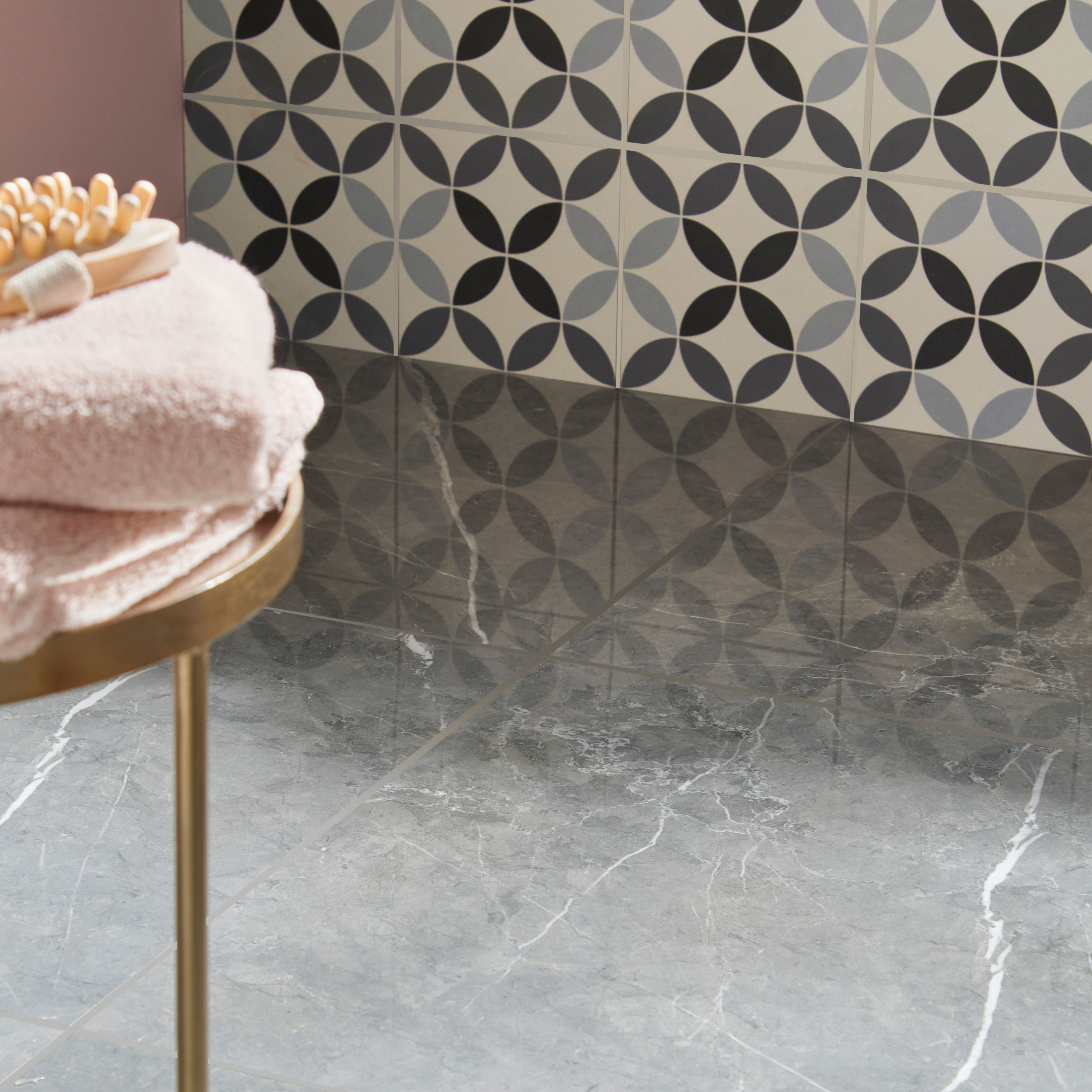 Ultimate marble Grey Gloss Marble effect Porcelain Wall & floor Tile, Pack of 3, (L)595mm (W)595mm
