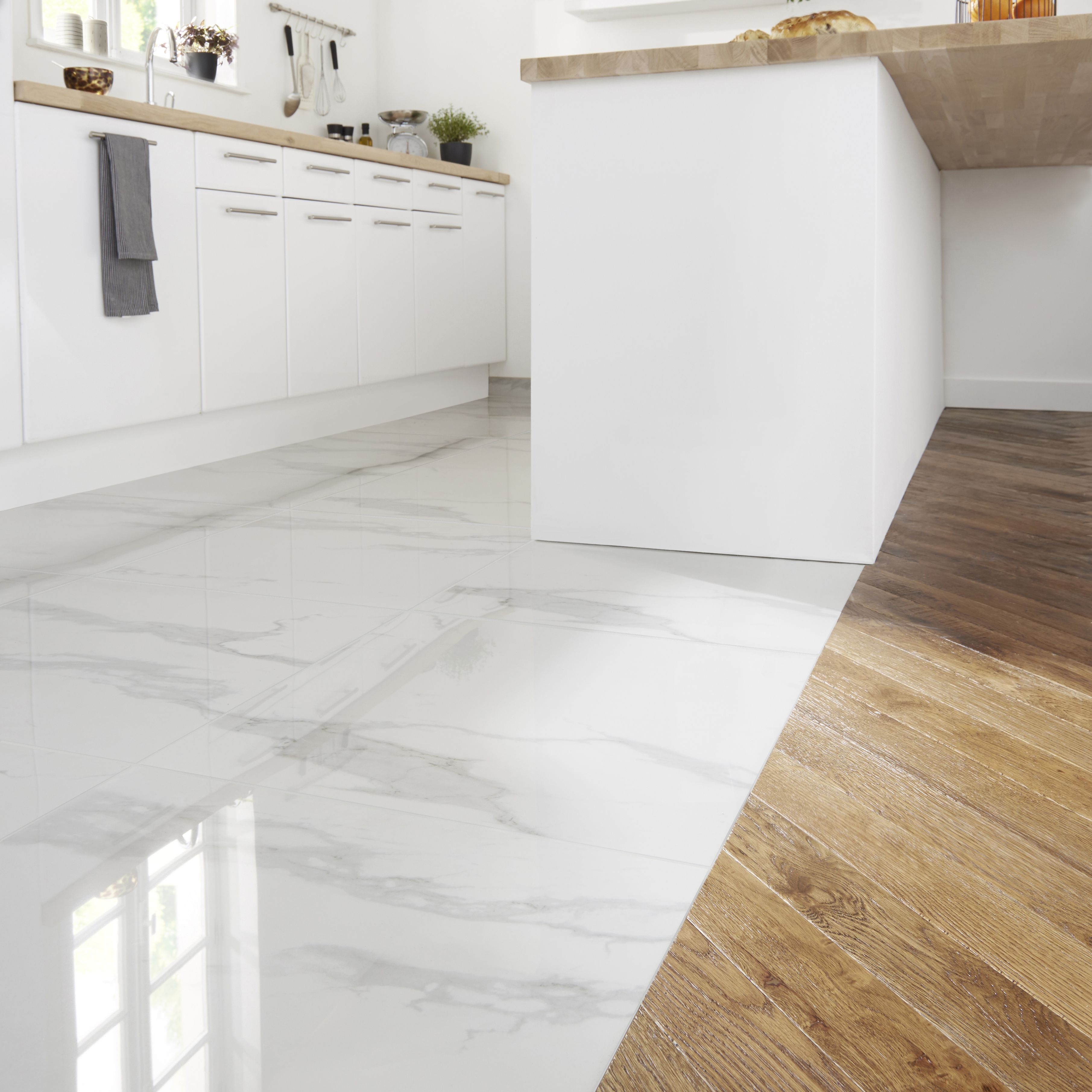 Ultimate White Gloss Marble effect Porcelain Floor Tile, Pack of 3, (L)595mm (W)595mm