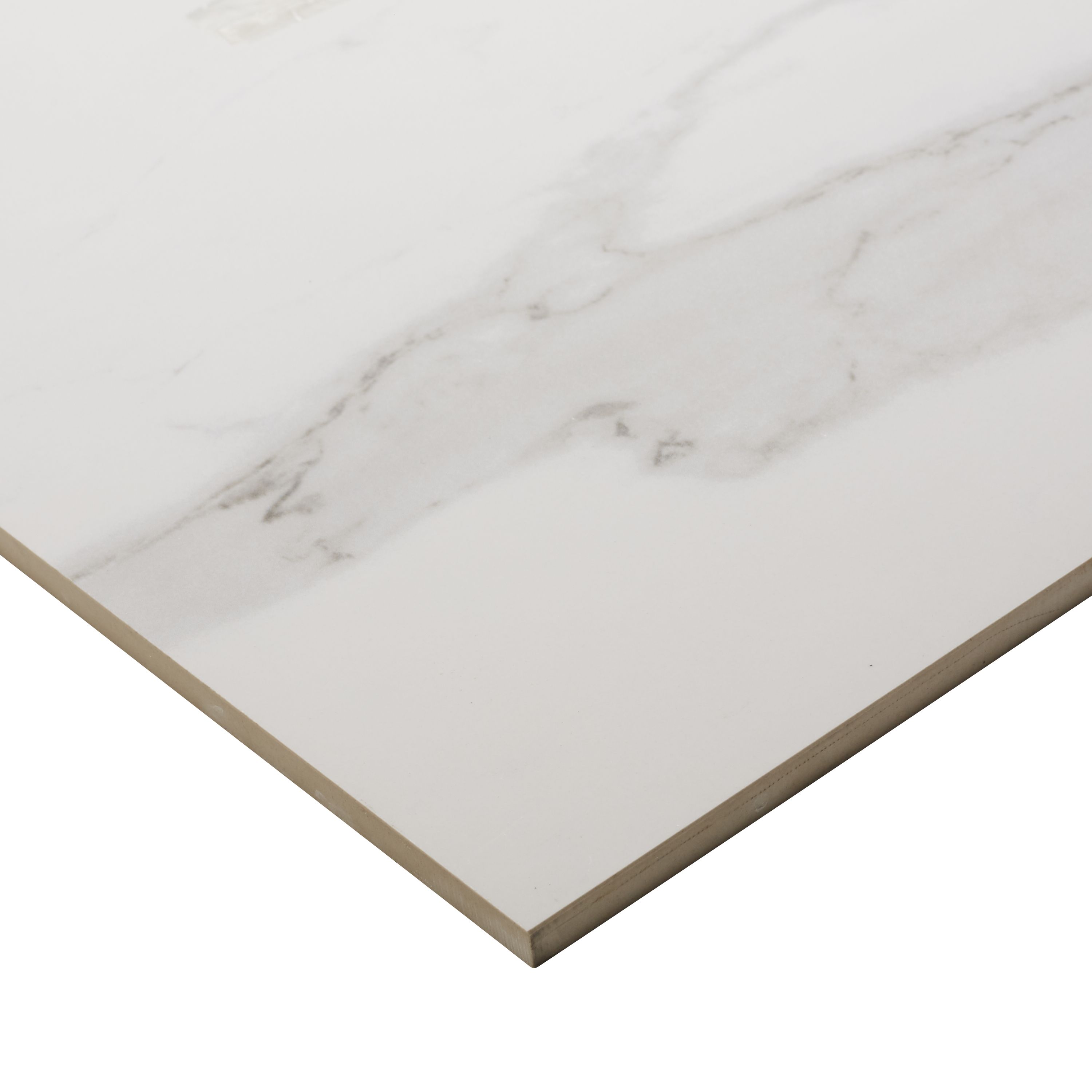 Ultimate White Gloss Marble effect Porcelain Floor Tile, Pack of 3, (L)595mm (W)595mm