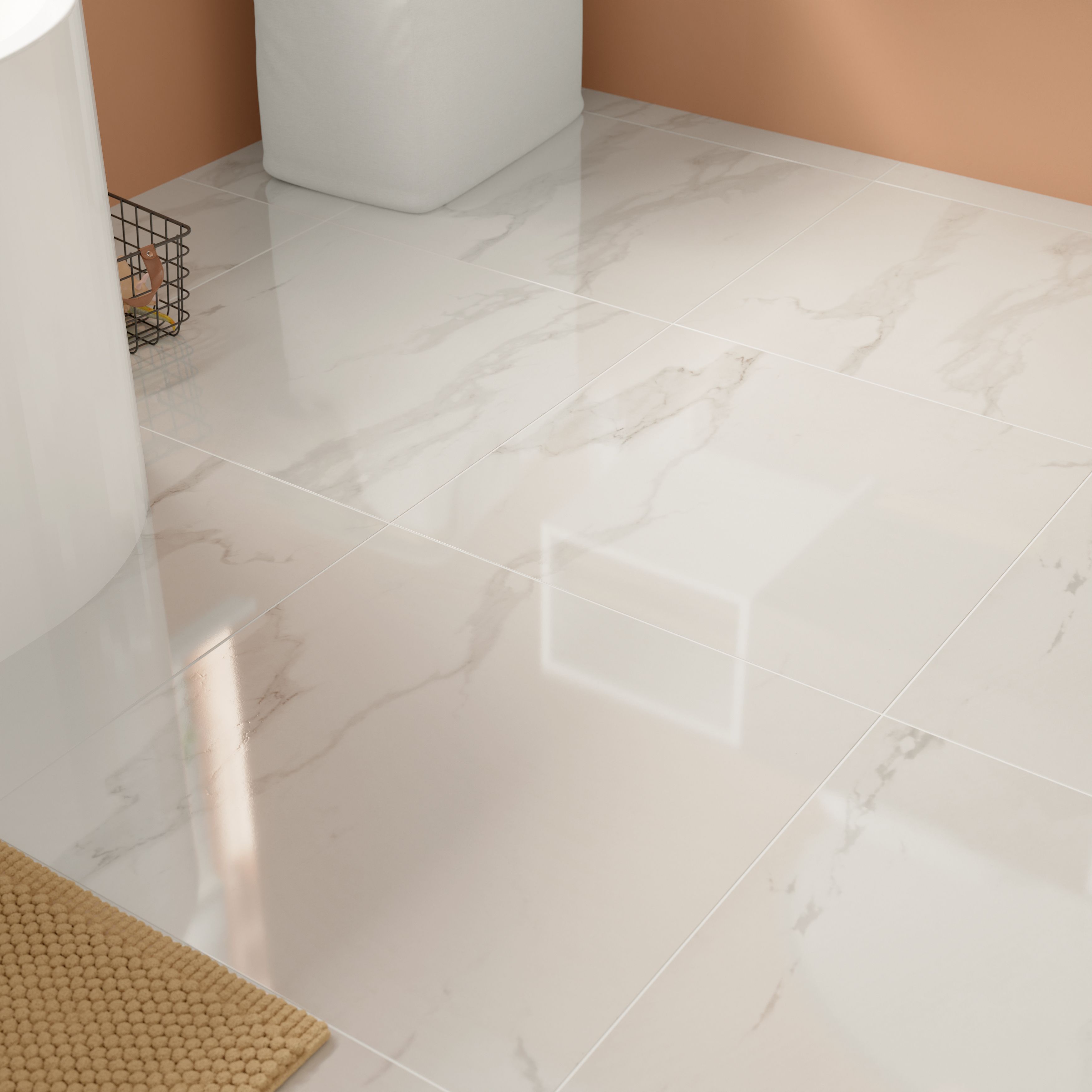 Ultimate White Gloss Marble effect Porcelain Floor Tile, Pack of 3, (L)595mm (W)595mm