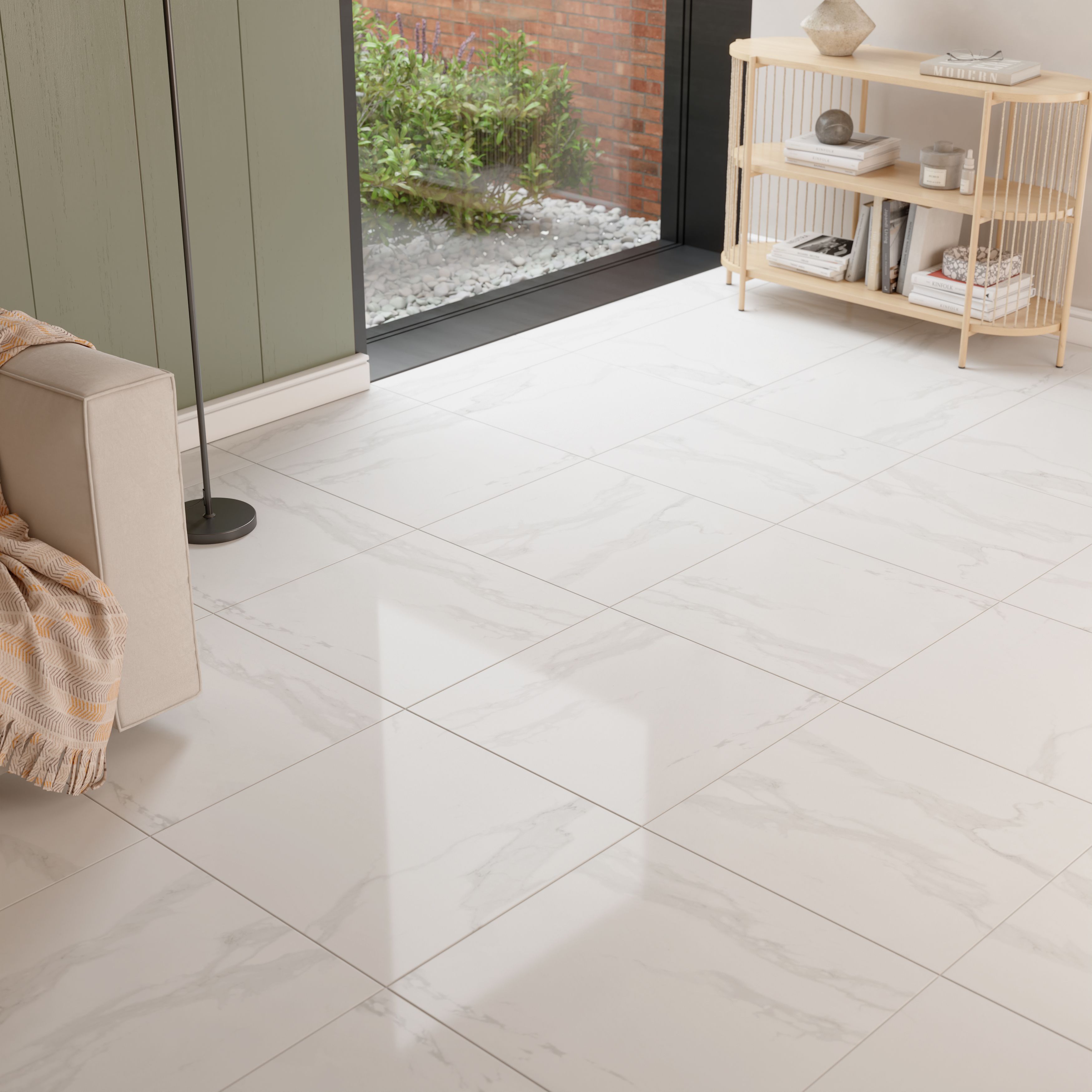 Ultimate White Gloss Marble effect Porcelain Floor Tile, Pack of 3, (L)595mm (W)595mm