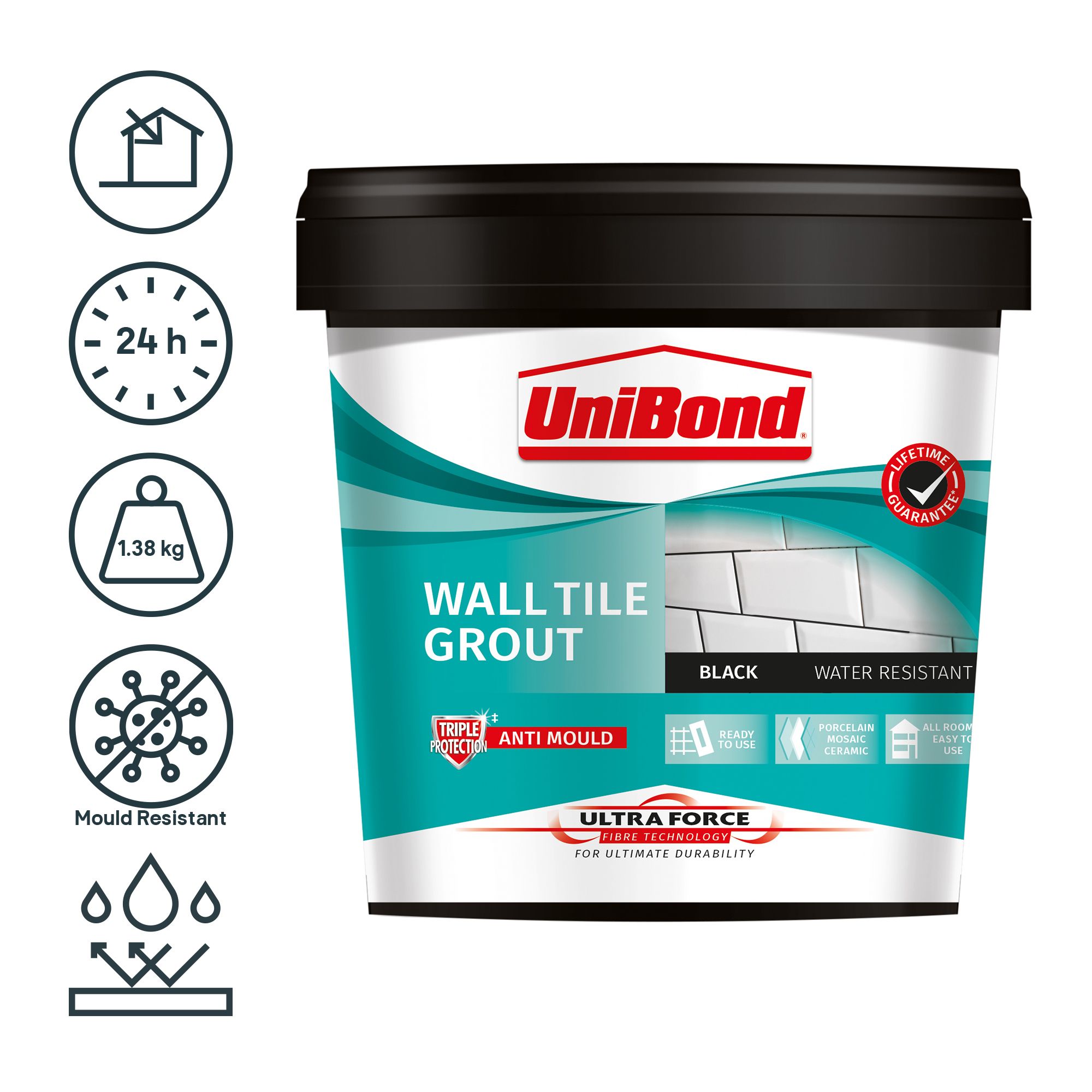 UniBond UltraForce Ready mixed Black Wall tile Grout, 1.38kg Tub
