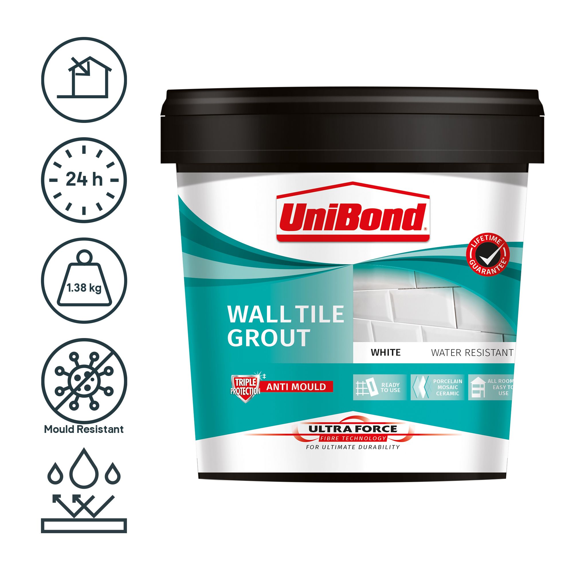 UniBond UltraForce Ready mixed White Wall tile Grout, 1.38kg Tub