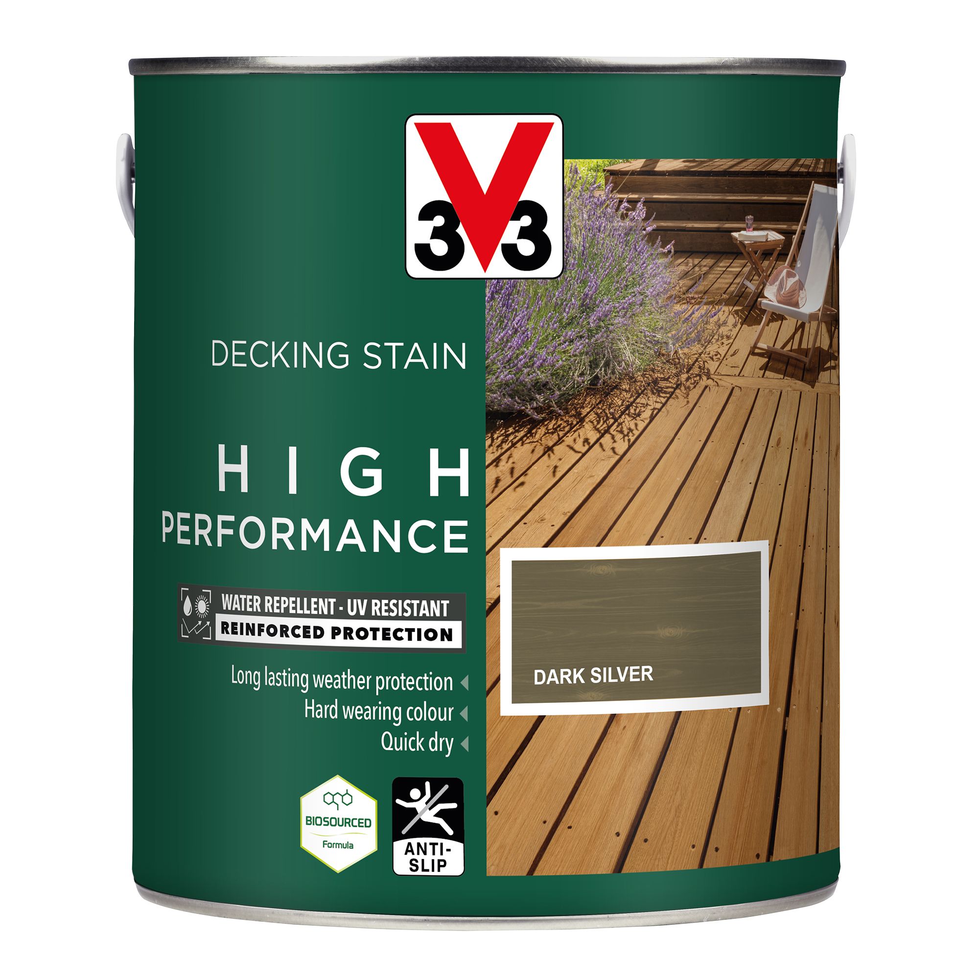 V33 High performance Dark Silver Satin Quick dry Decking Stain, 2.5L