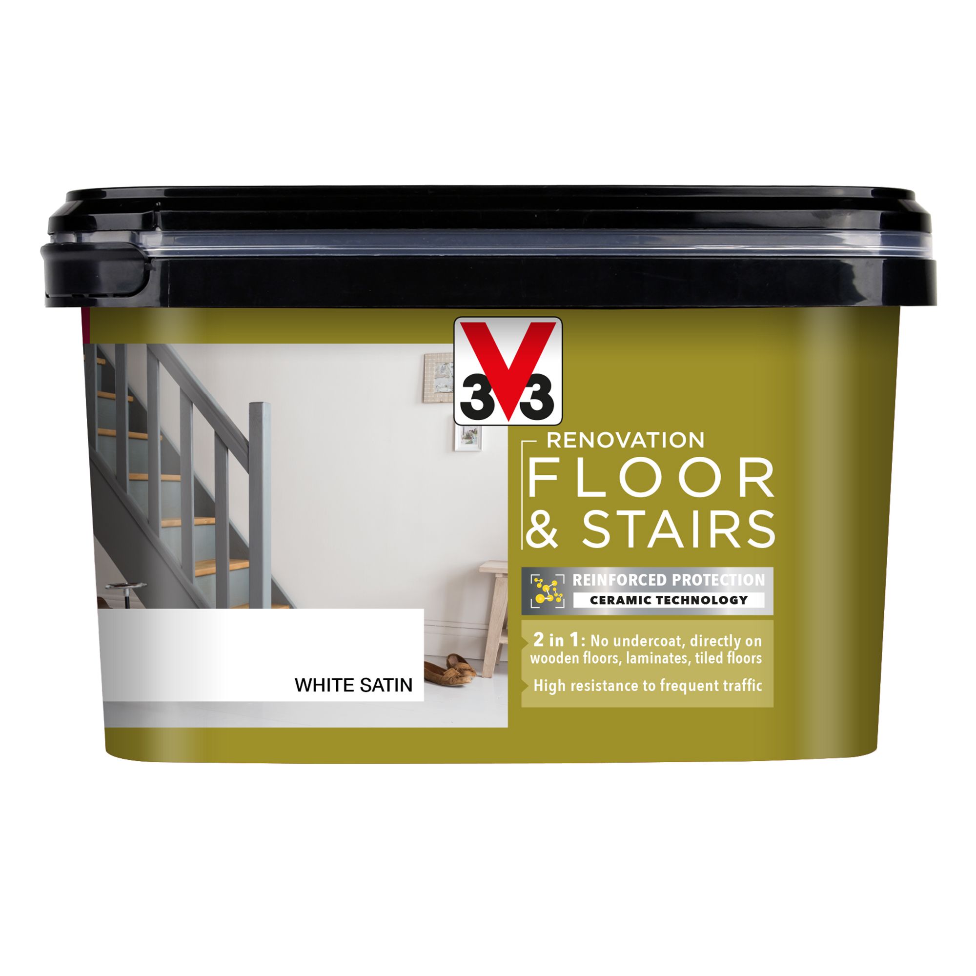 V33 High Performance White Satinwood Floor & stair paint, 2L