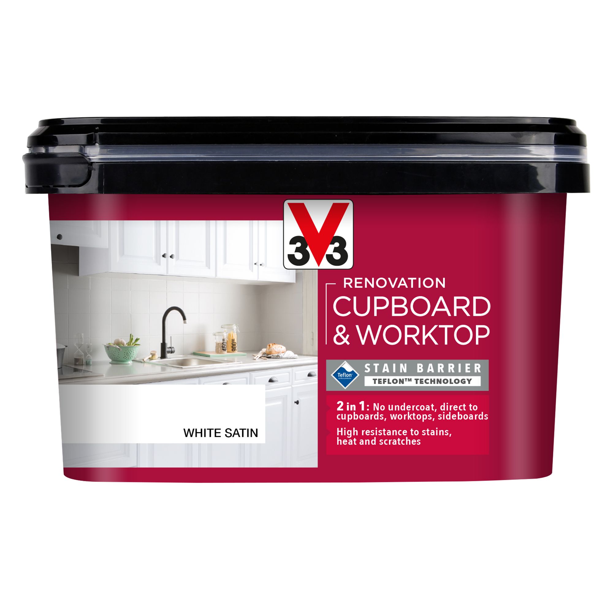 V33 Renovation White Satin Cupboard & cabinet paint, 2L
