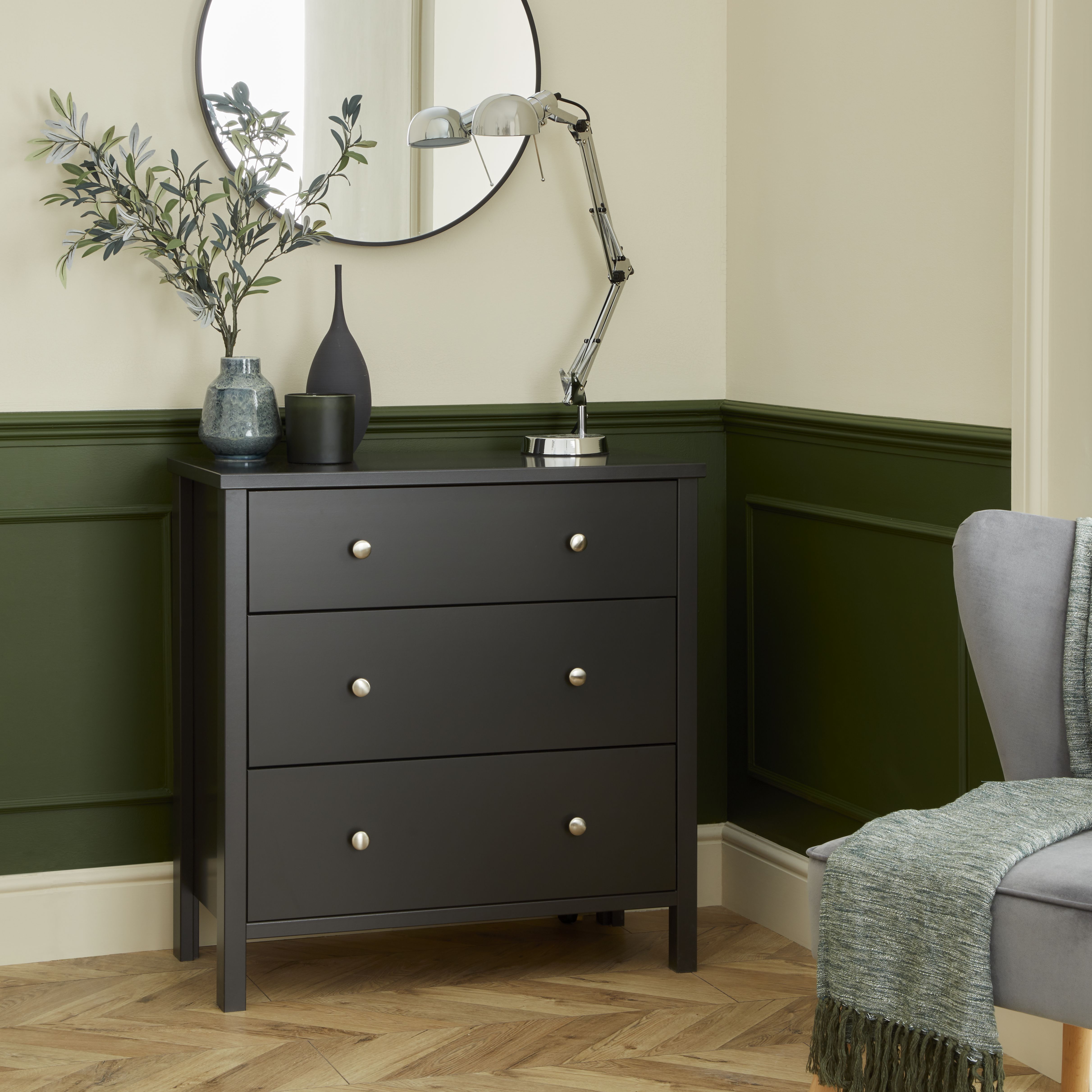 Valenca Satin black 3 Drawer Wide Chest of drawers (H)840mm (W)800mm (D)410mm