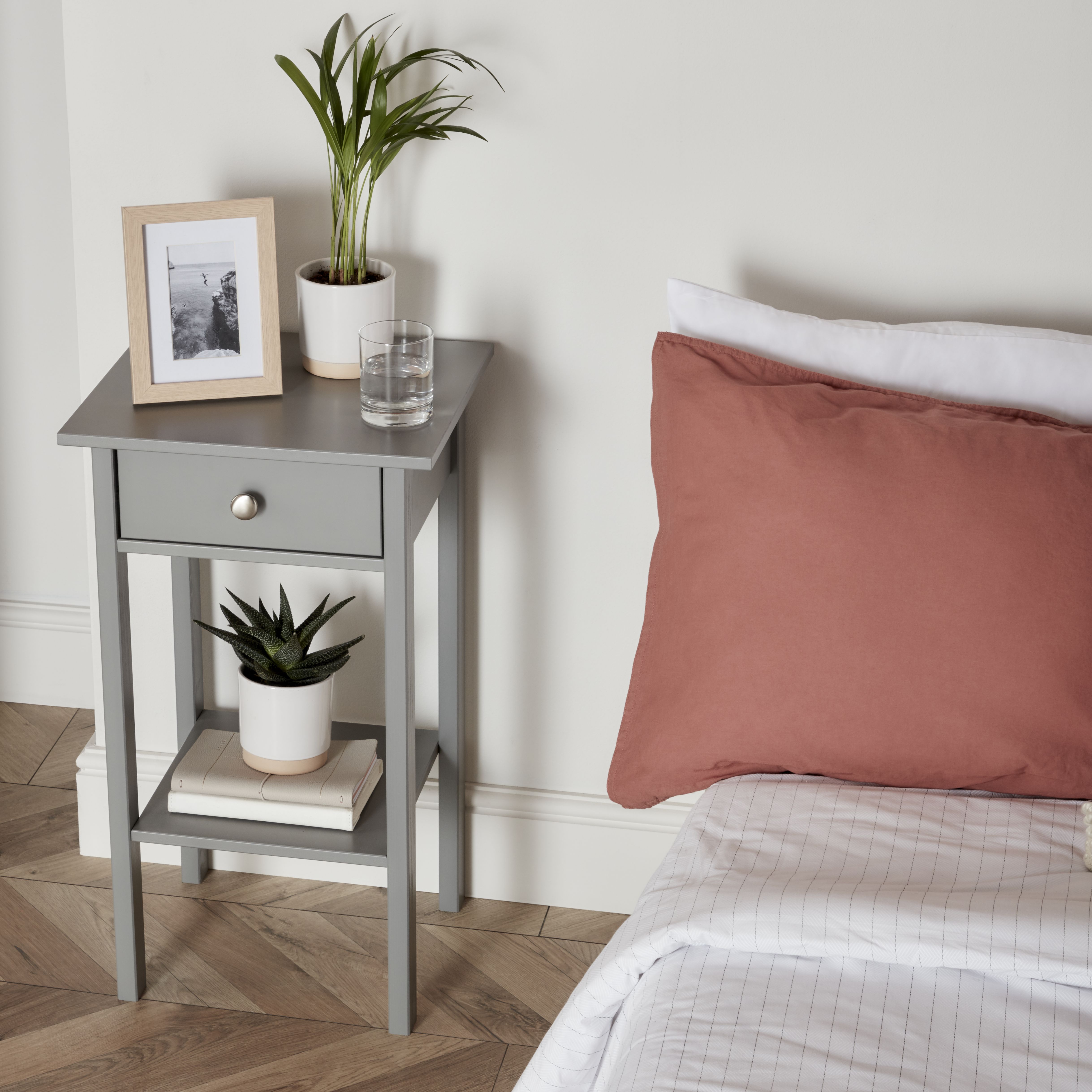Valenca Satin grey 1 Drawer Bedside table (H)700mm (W)400mm (D)354mm
