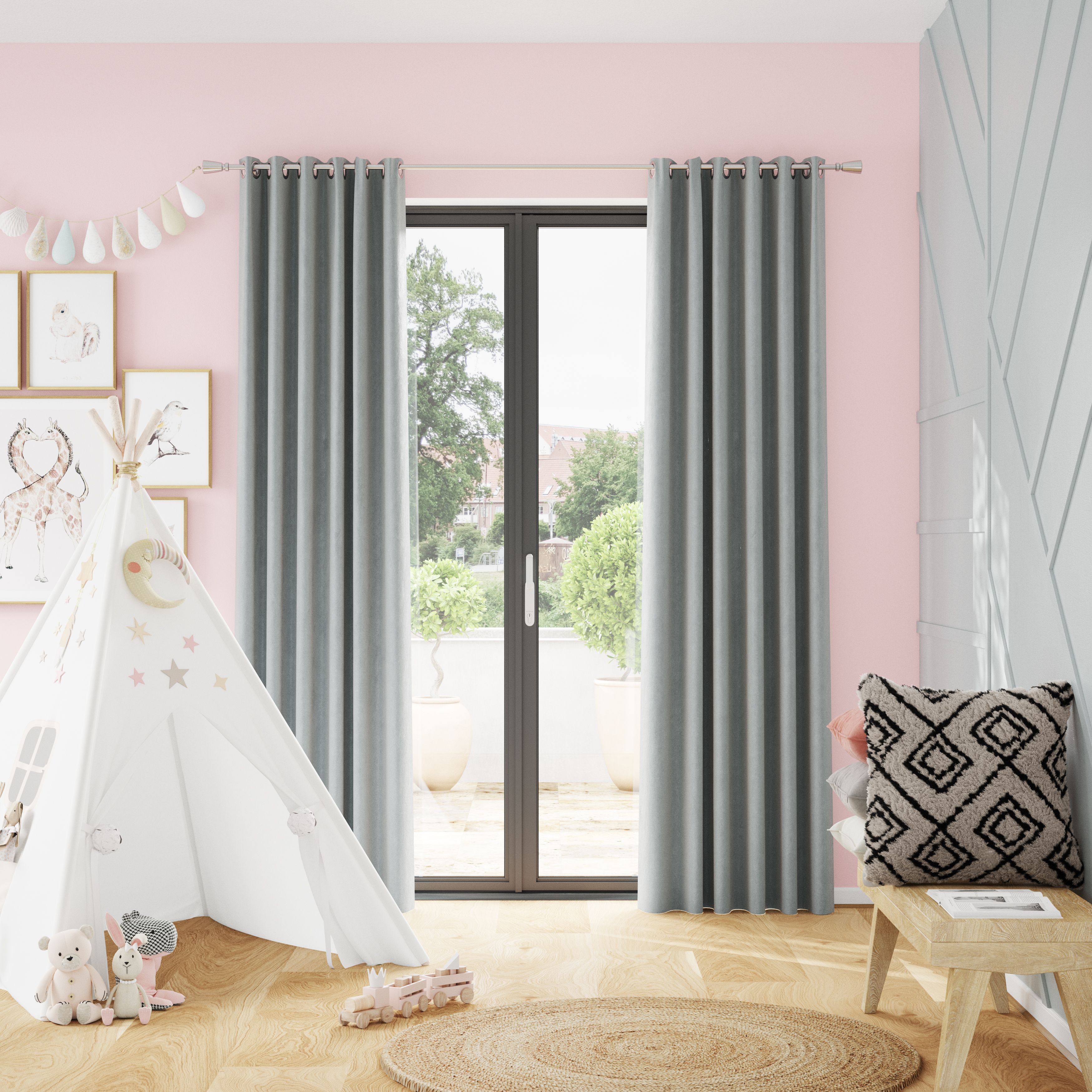 Valgreta Grey Velvet Lined Eyelet Curtain (W)228cm (L)228cm, Pair