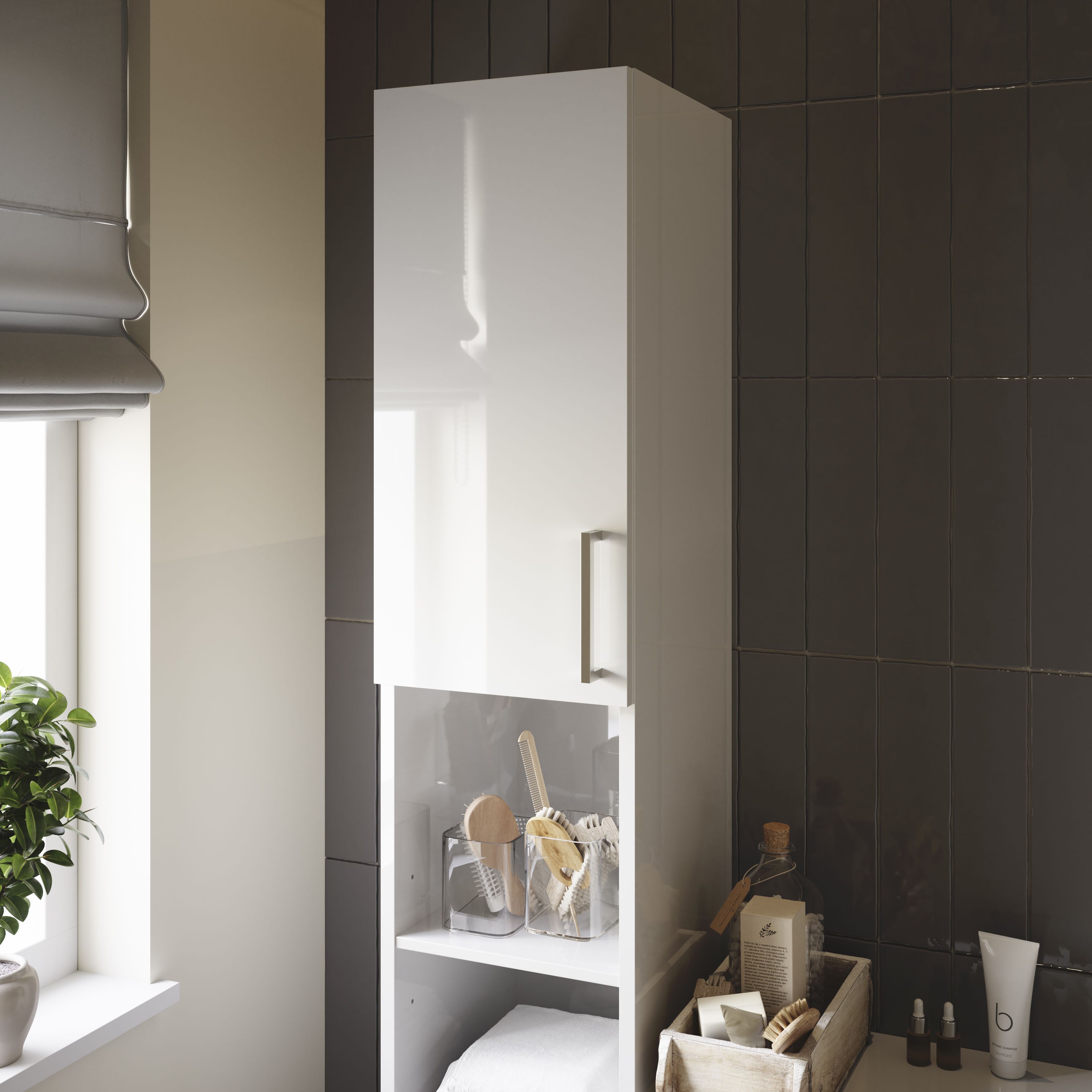 Veleka Gloss White Single Freestanding Bathroom Cabinet (H)180cm (W)27.5cm