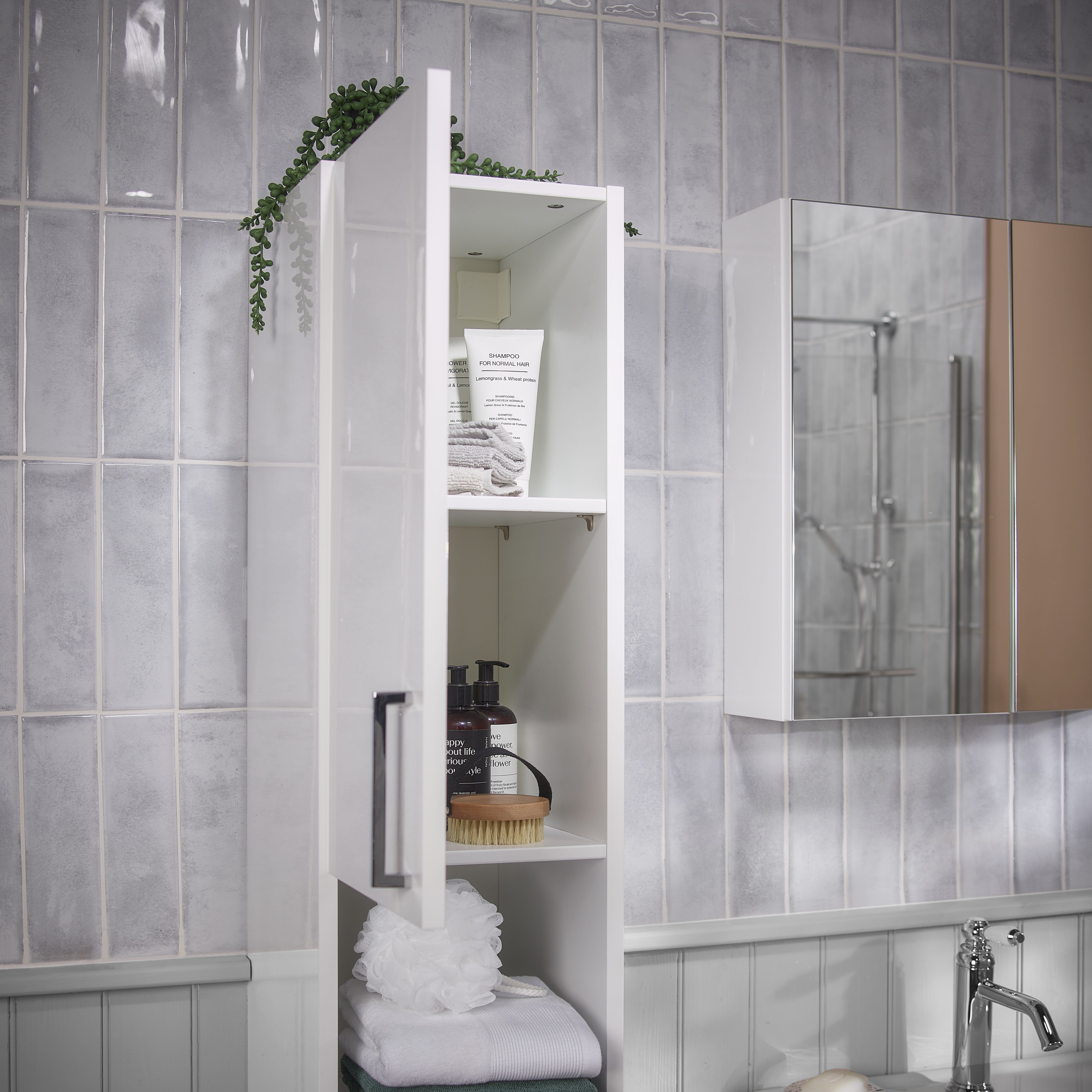 Veleka Gloss White Single Freestanding Bathroom Cabinet (H)180cm (W)27.5cm