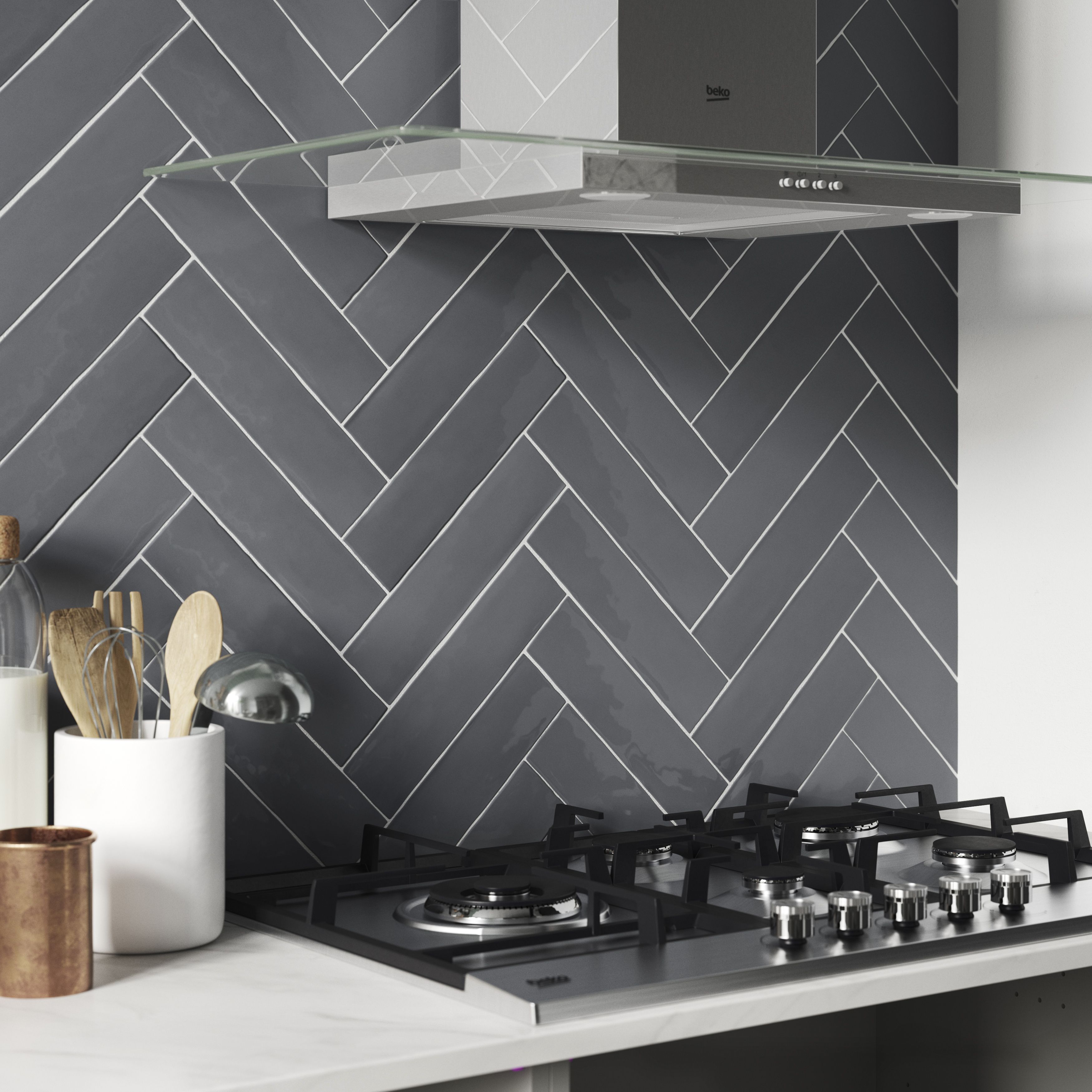 Vernisse Grey Gloss Plain Ceramic Wall Tile, Pack of 41, (L)301mm (W)75.4mm