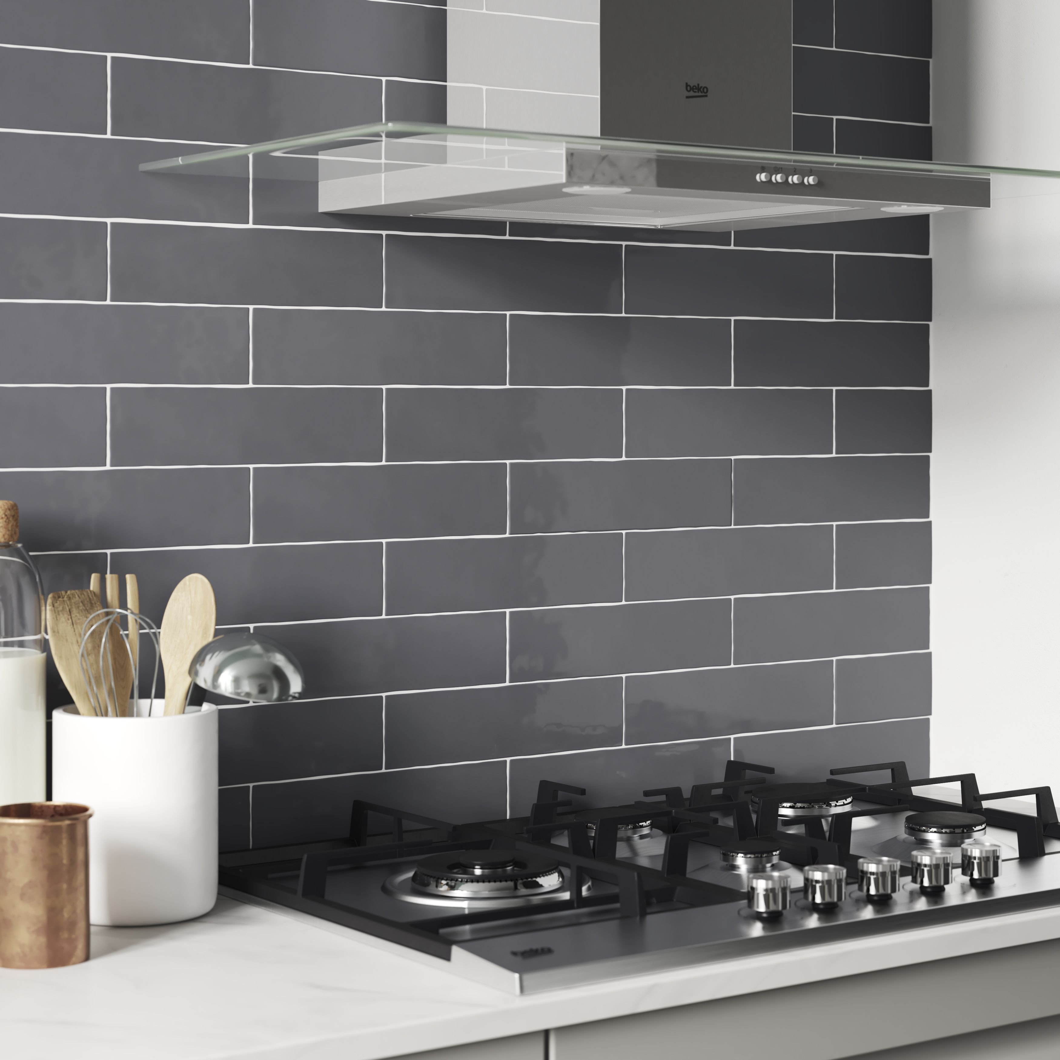 Vernisse Grey Gloss Plain Ceramic Wall Tile, Pack of 41, (L)301mm (W)75.4mm