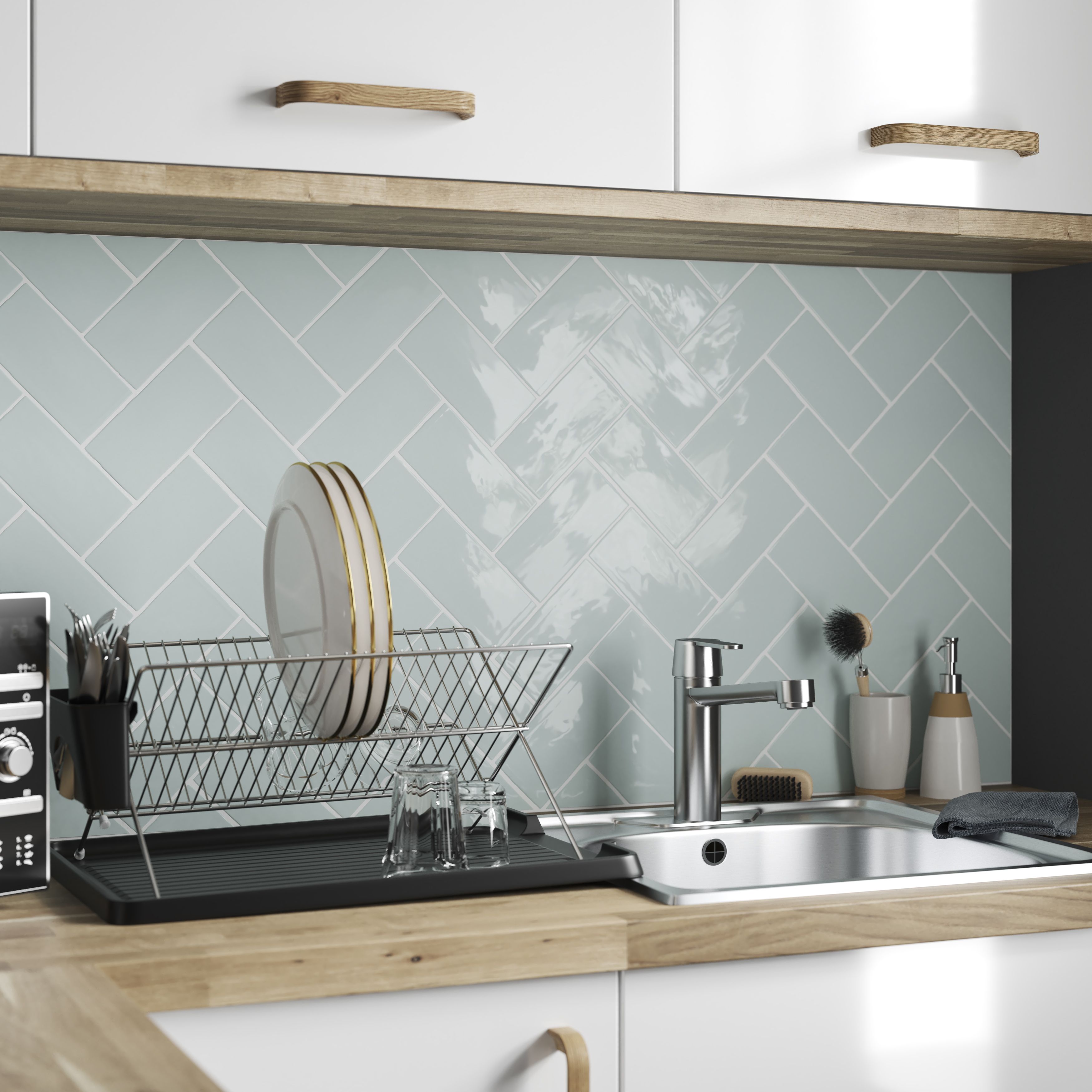 Vernisse Misty blue Gloss Plain Ceramic Wall Tile, Pack of 80, (L)150mm (W)75.4mm