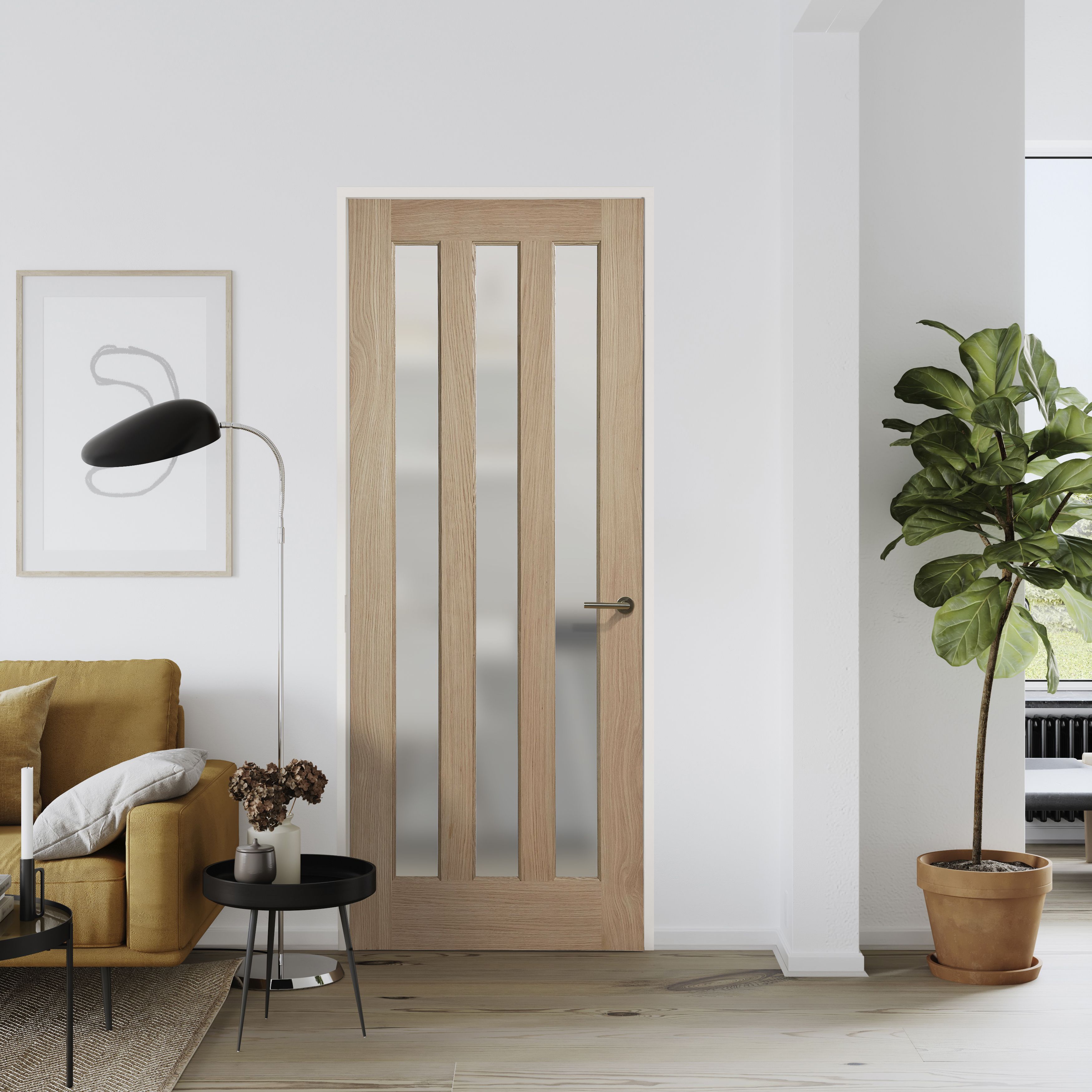 Vertical 3 panel Frosted Glazed Oak veneer Internal Door, (H)1981mm (W)762mm (T)35mm