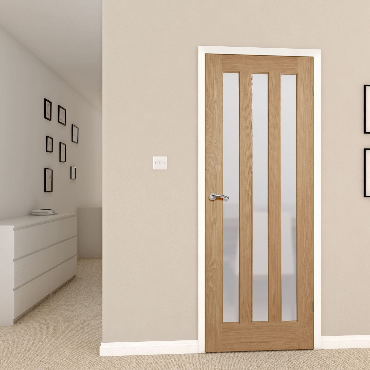 Vertical 3 panel Frosted Glazed Oak veneer Internal Door, (H)1981mm (W)762mm (T)35mm