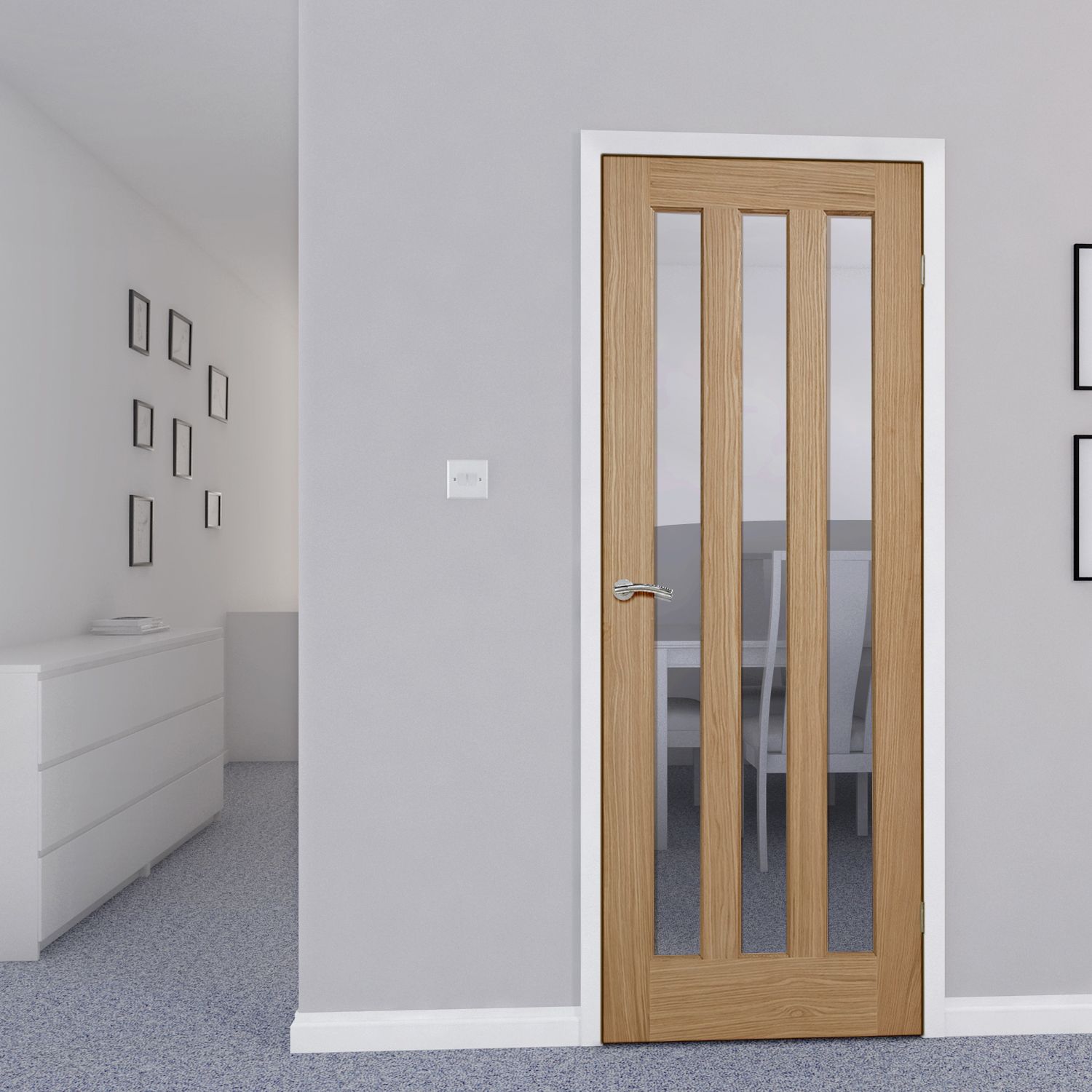 Vertical 3 panel Glazed Oak veneer Internal Door, (H)1981mm (W)838mm (T)35mm