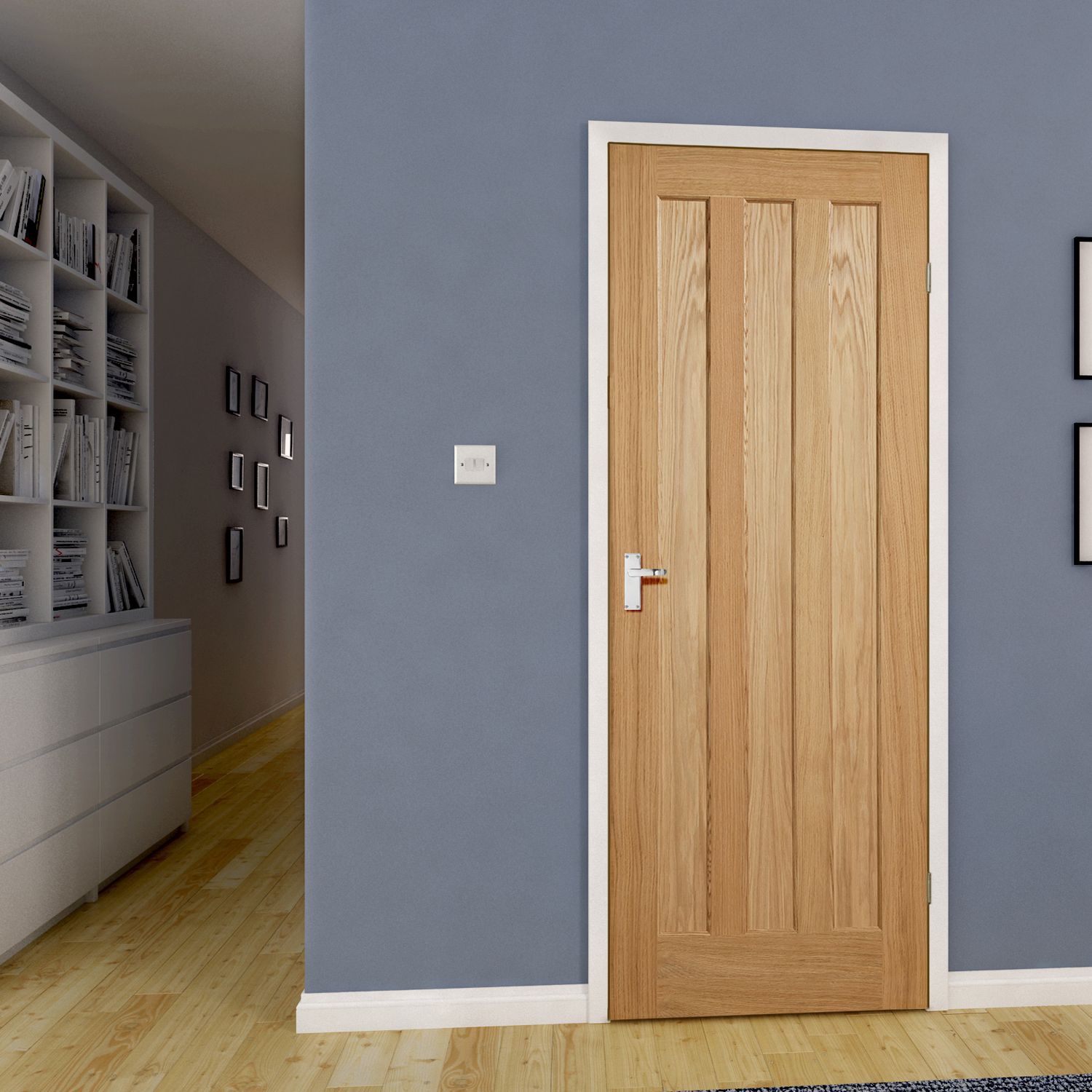 Vertical 3 panel Oak veneer Internal Door, (H)1981mm (W)686mm (T)35mm