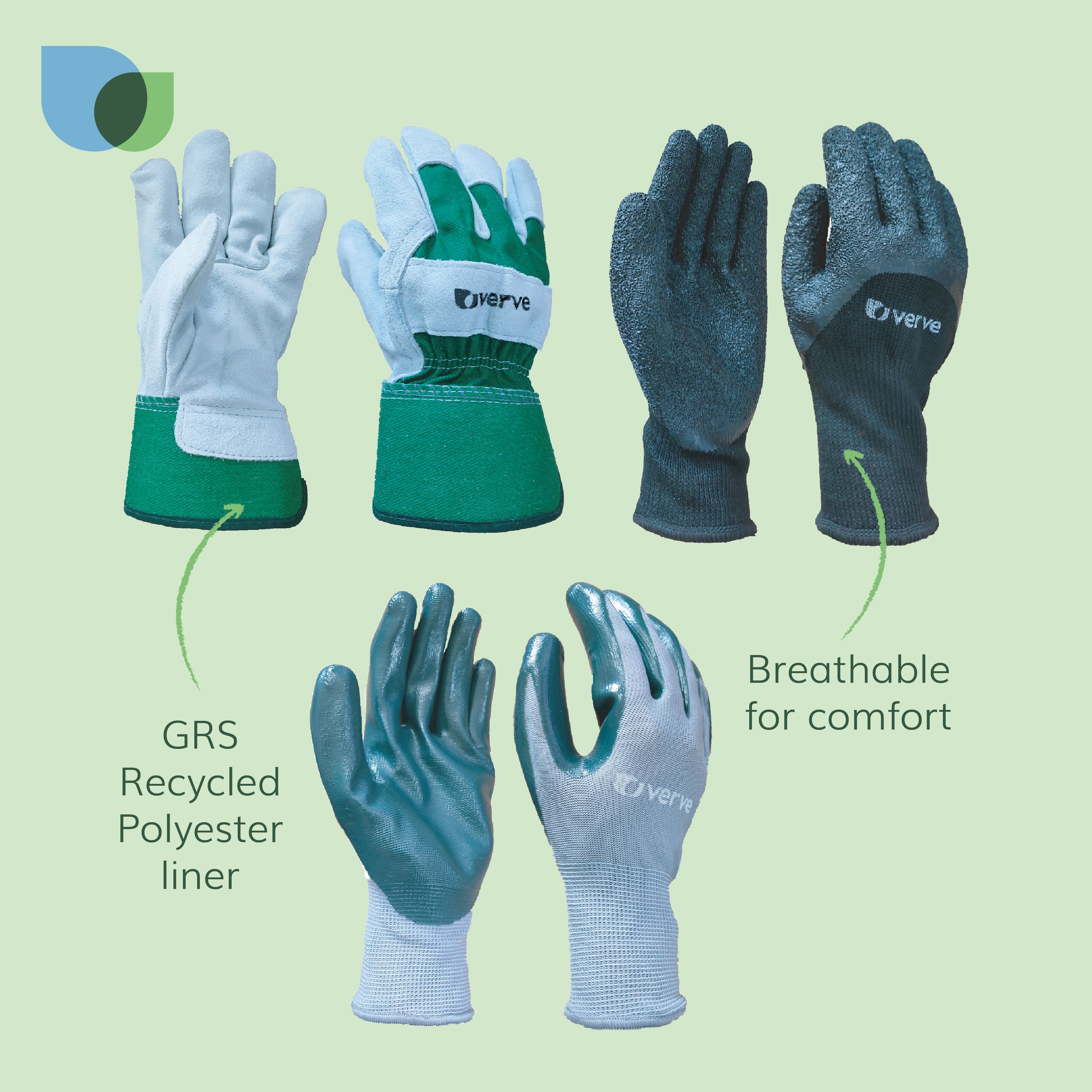 Verve Black, green & grey Gardening gloves Large, Pack of 3