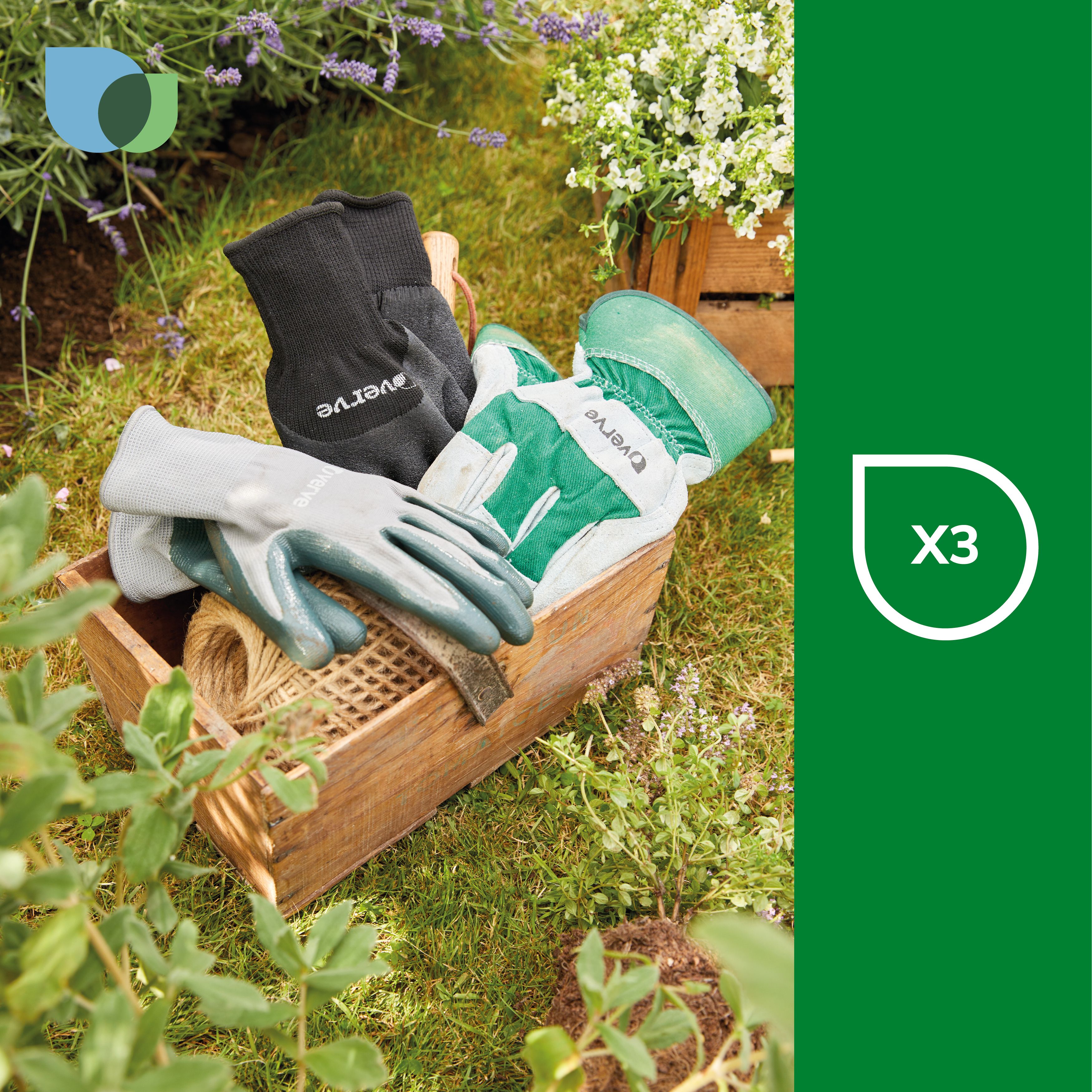 Verve Black, green & grey Gardening gloves Large, Pack of 3