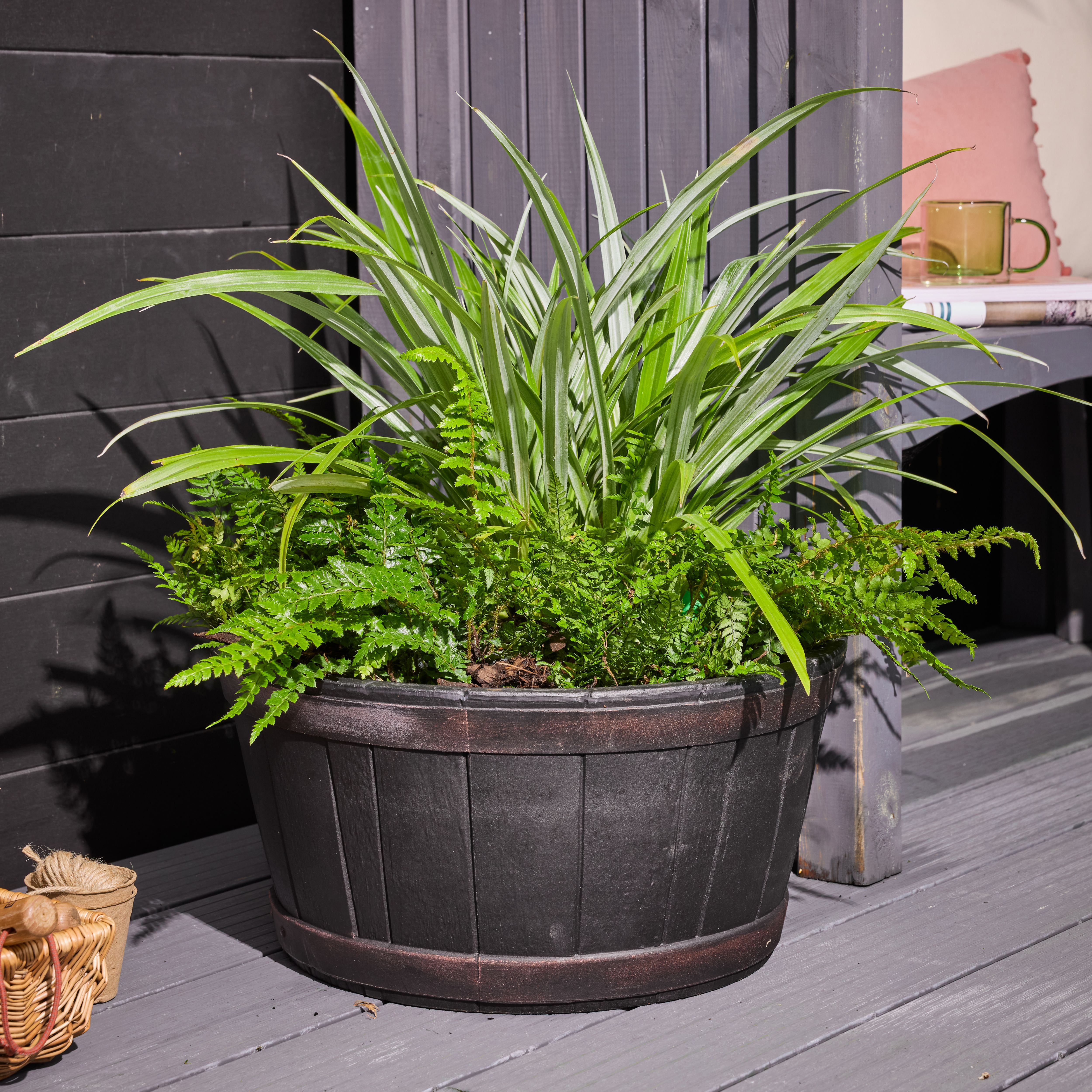Verve Brown Wood effect Barrel Plastic Plant pot (Dia) 38cm, (H)24.5cm