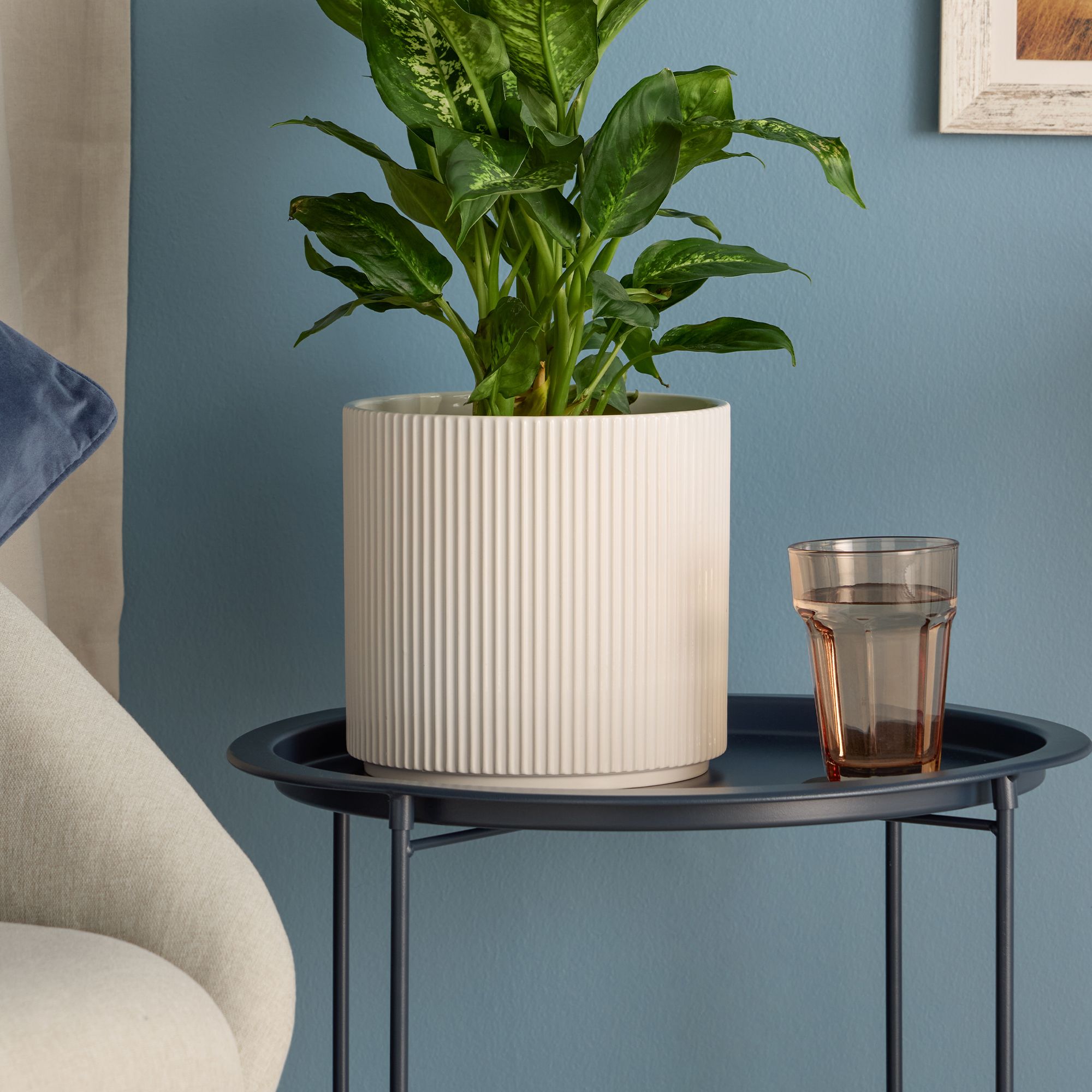 Verve White Ribbed Ceramic Plant pot (Dia) 21cm, (H)19cm