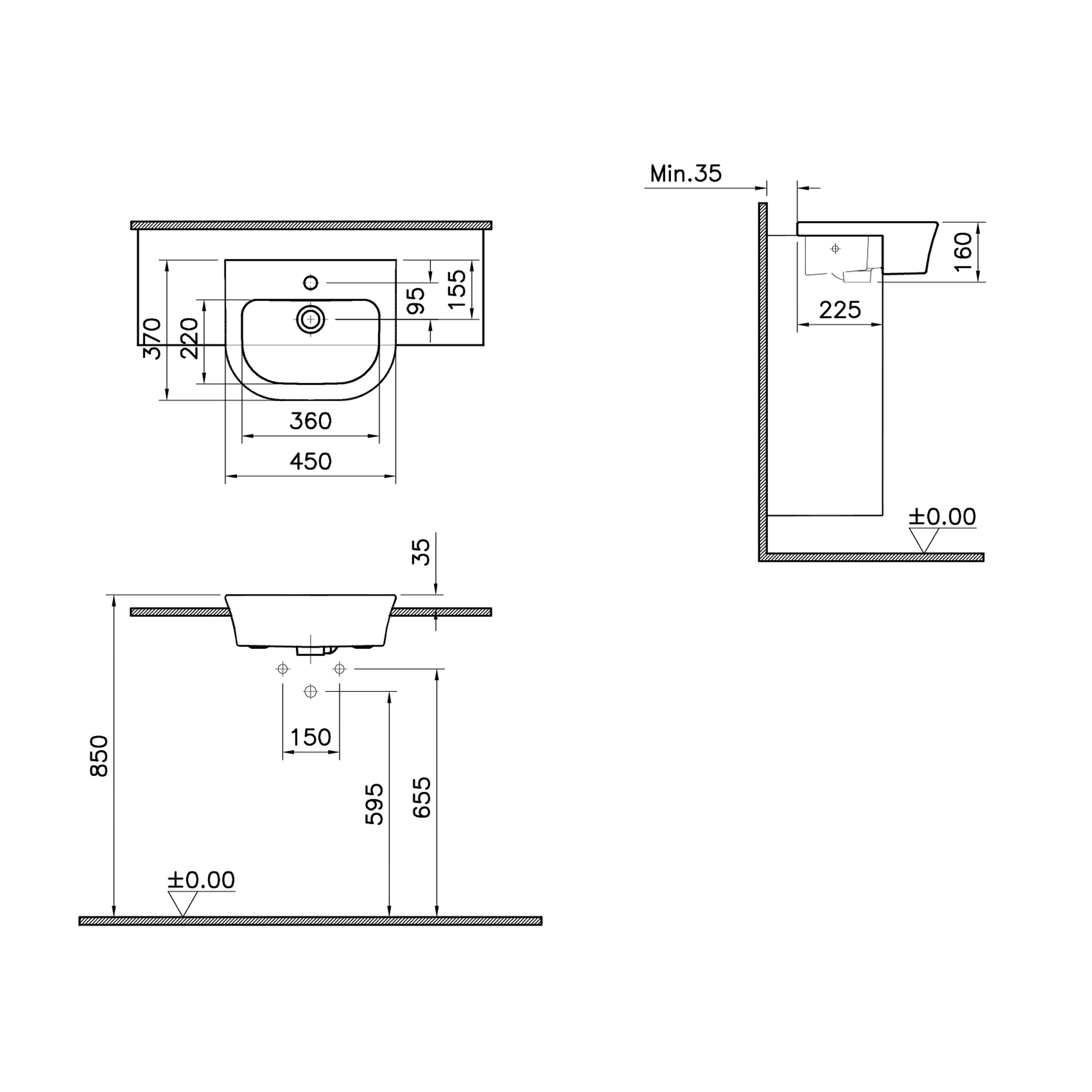 VitrA Koa White Semi-recessed Basin (W)45cm