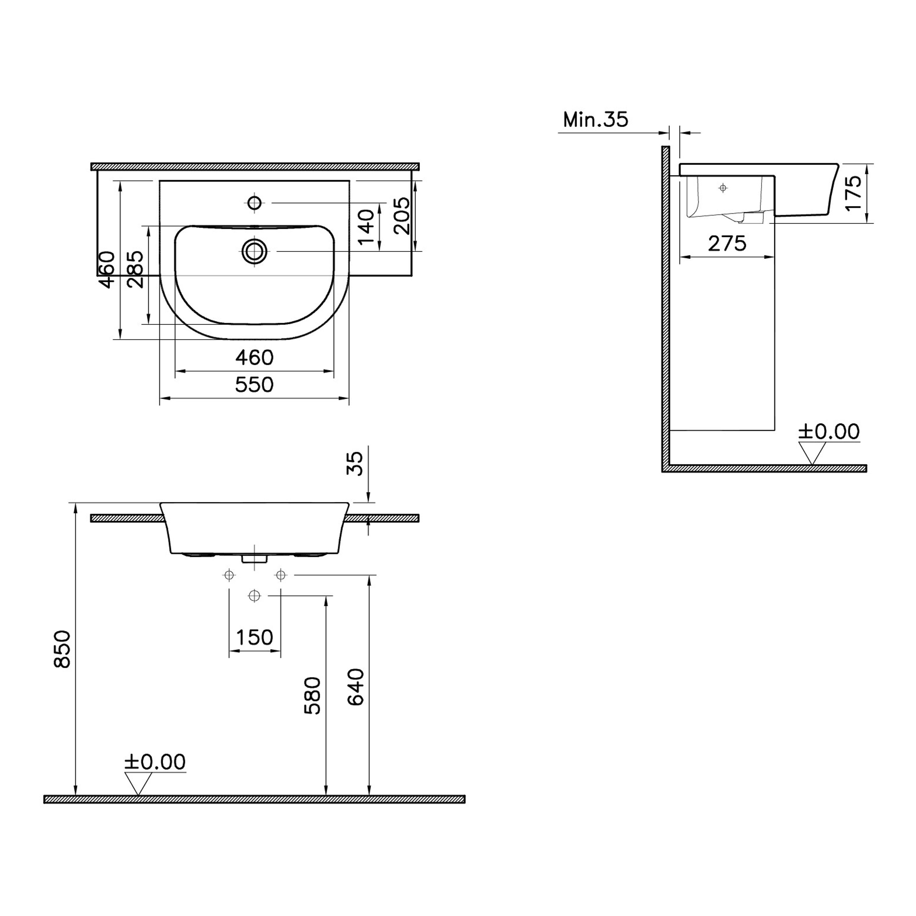VitrA Koa White Semi-recessed Basin (W)55cm