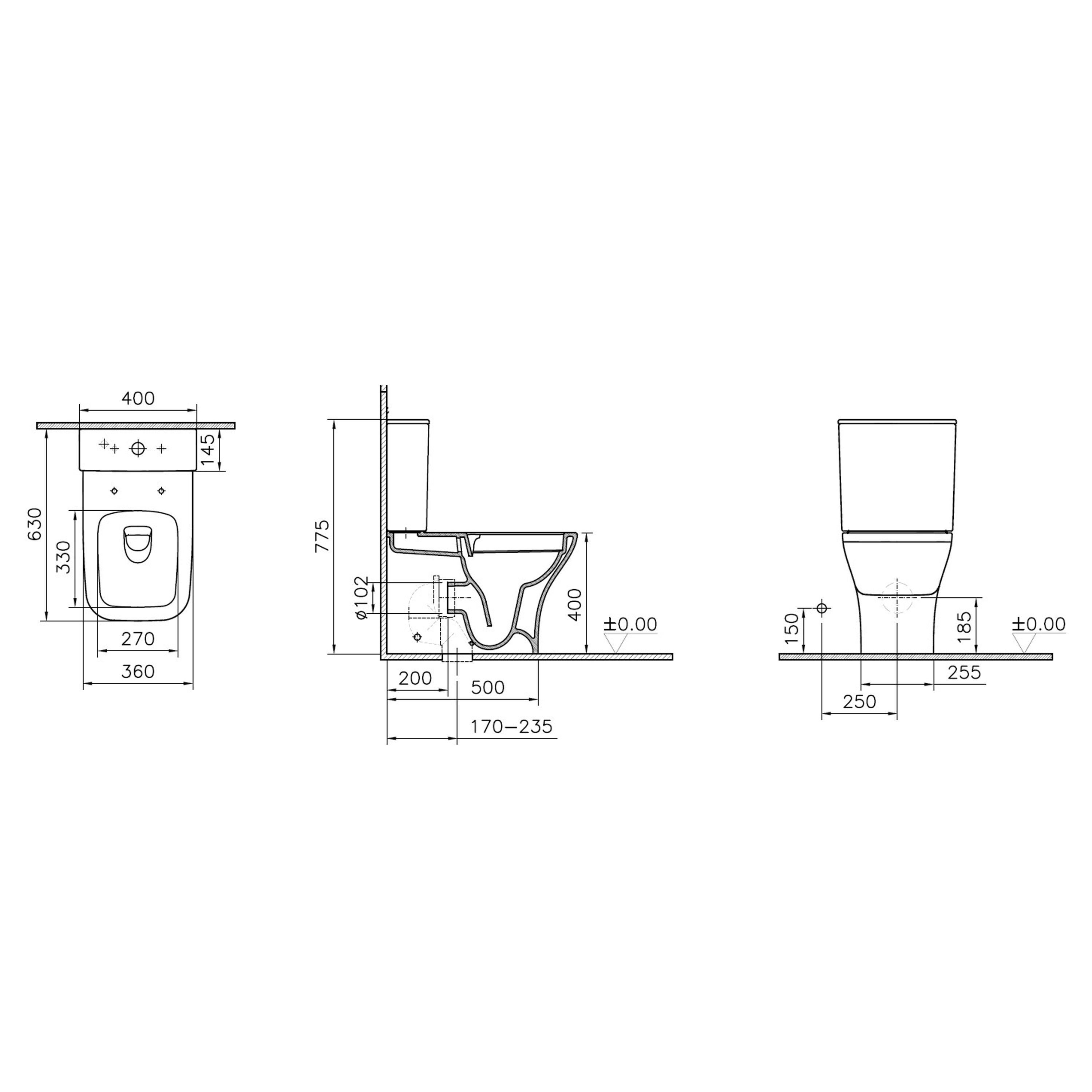 Vitra Koa White Slim Back to wall close-coupled Square Toilet set with Soft close seat