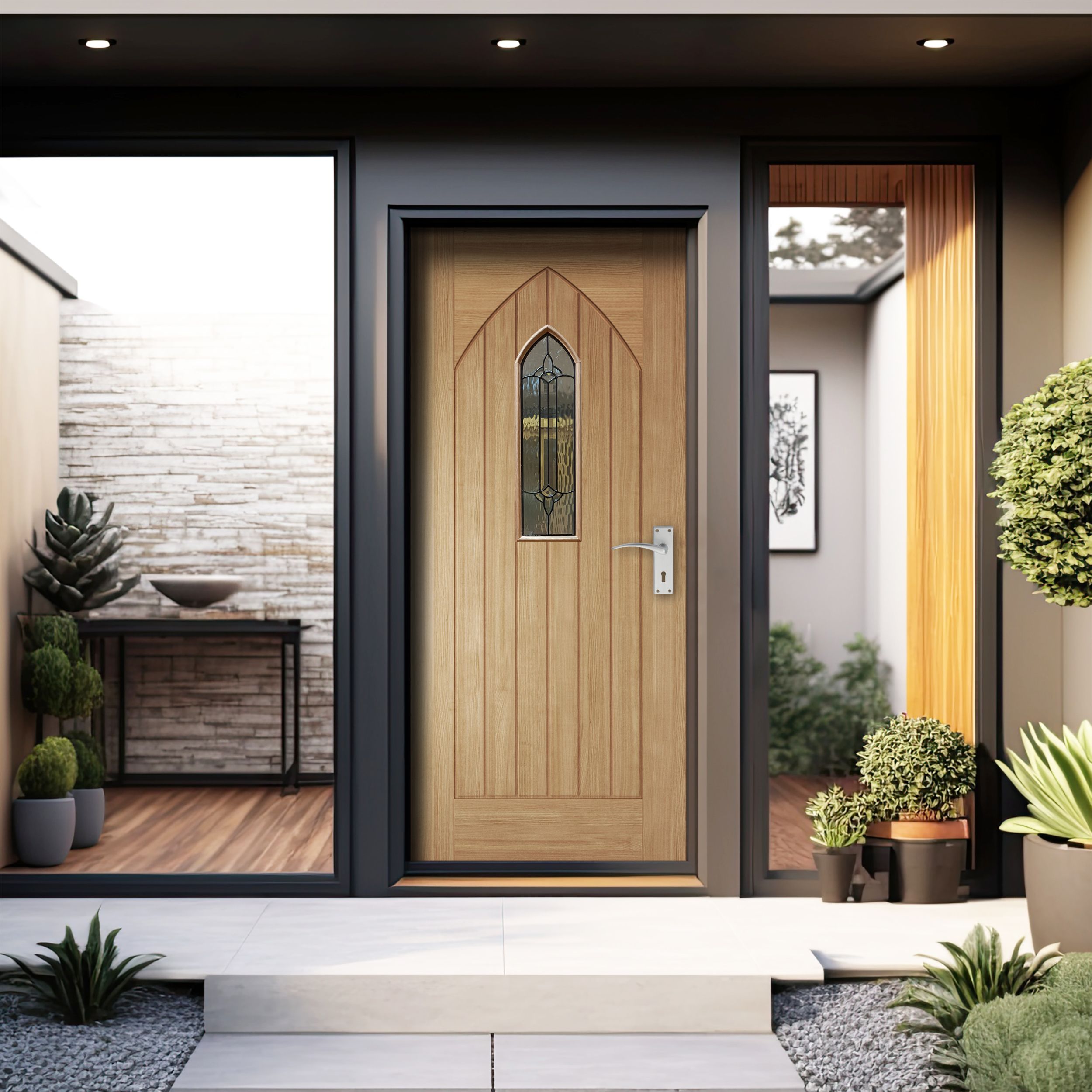 Westminster 6 panel Leaded Timber White oak veneer Swinging External Front Door, (H)1981mm (W)762mm