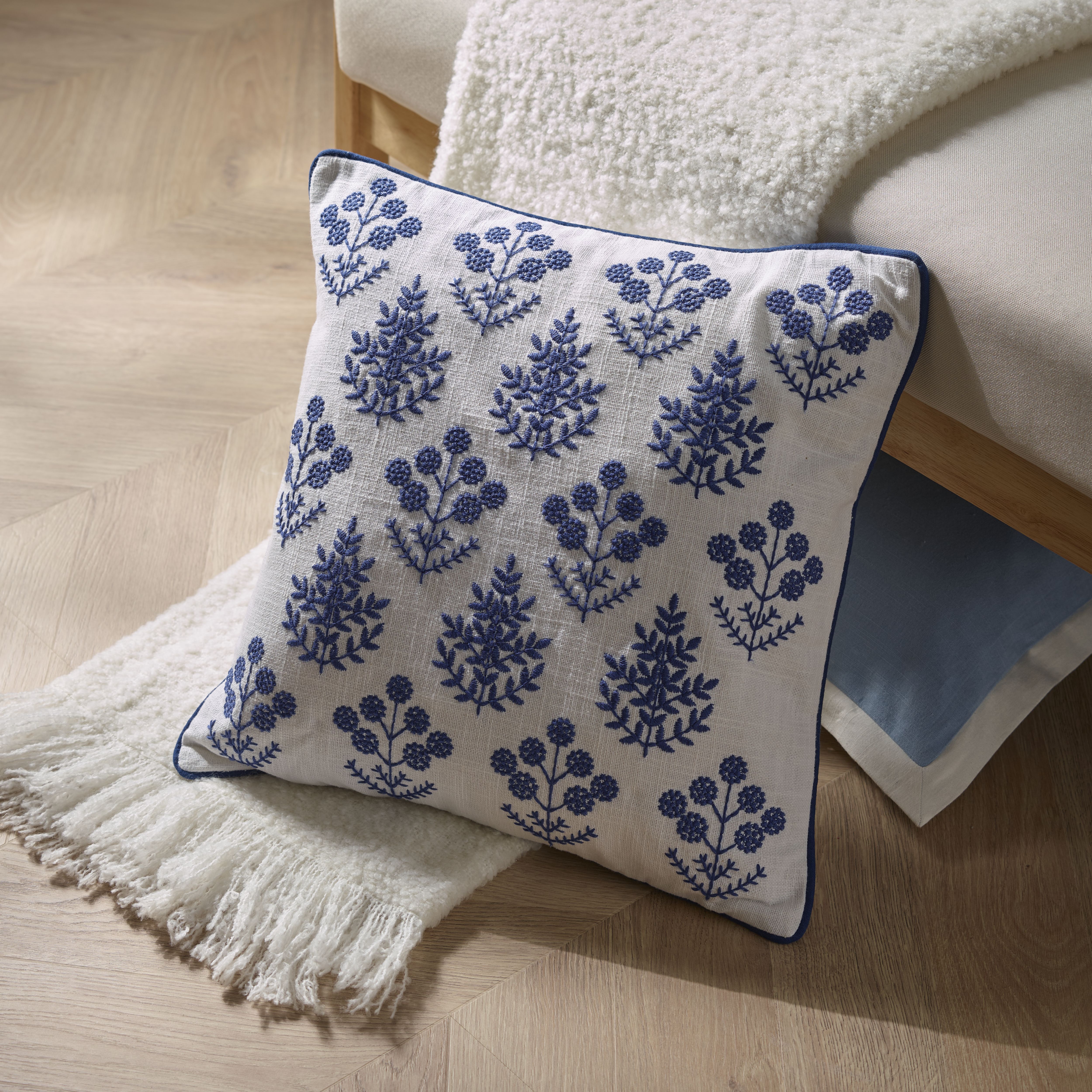 White & Blue Floral Embroidered effect Indoor Cushion, (L)45cm x (W)45cm