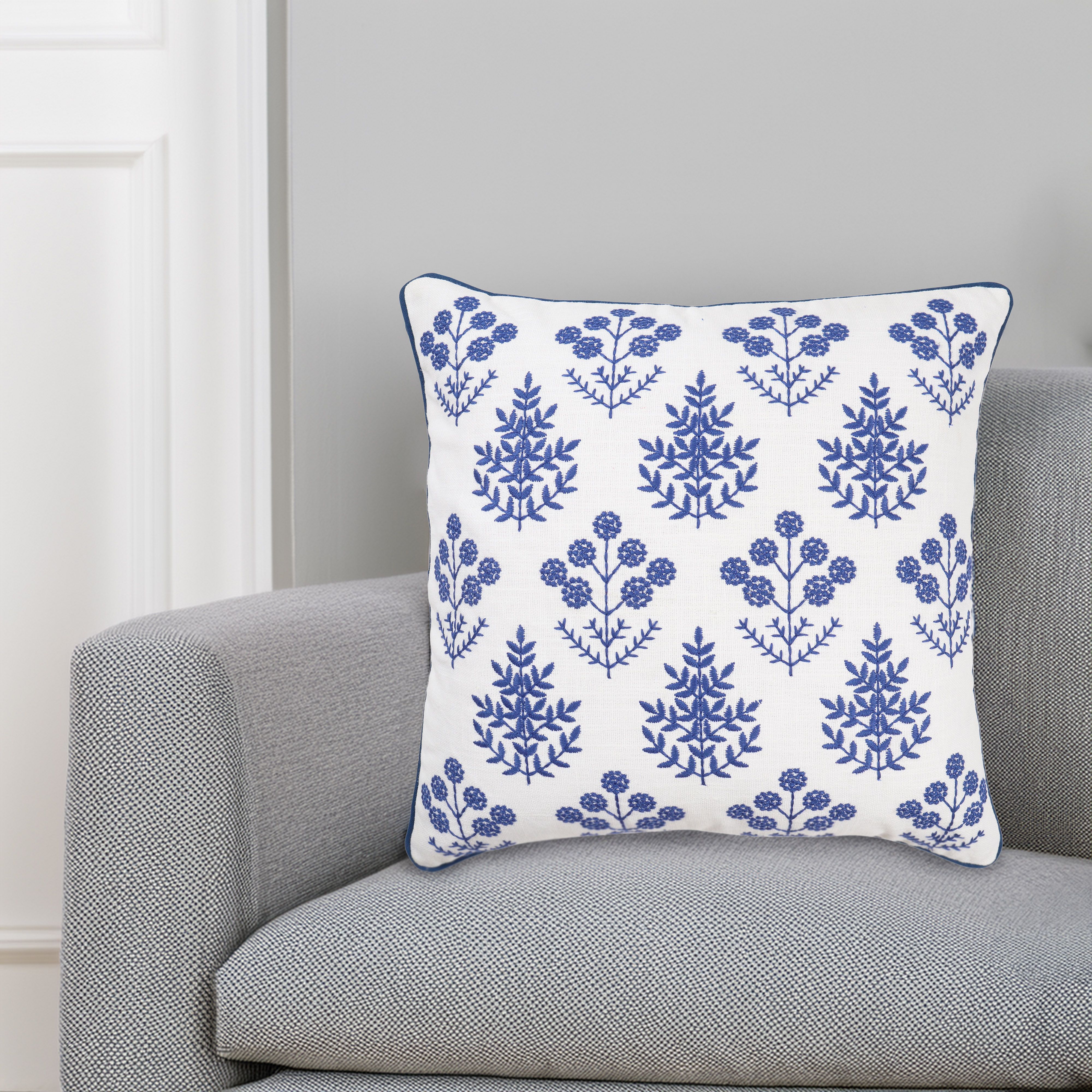 White & Blue Floral Embroidered effect Indoor Cushion, (L)45cm x (W)45cm